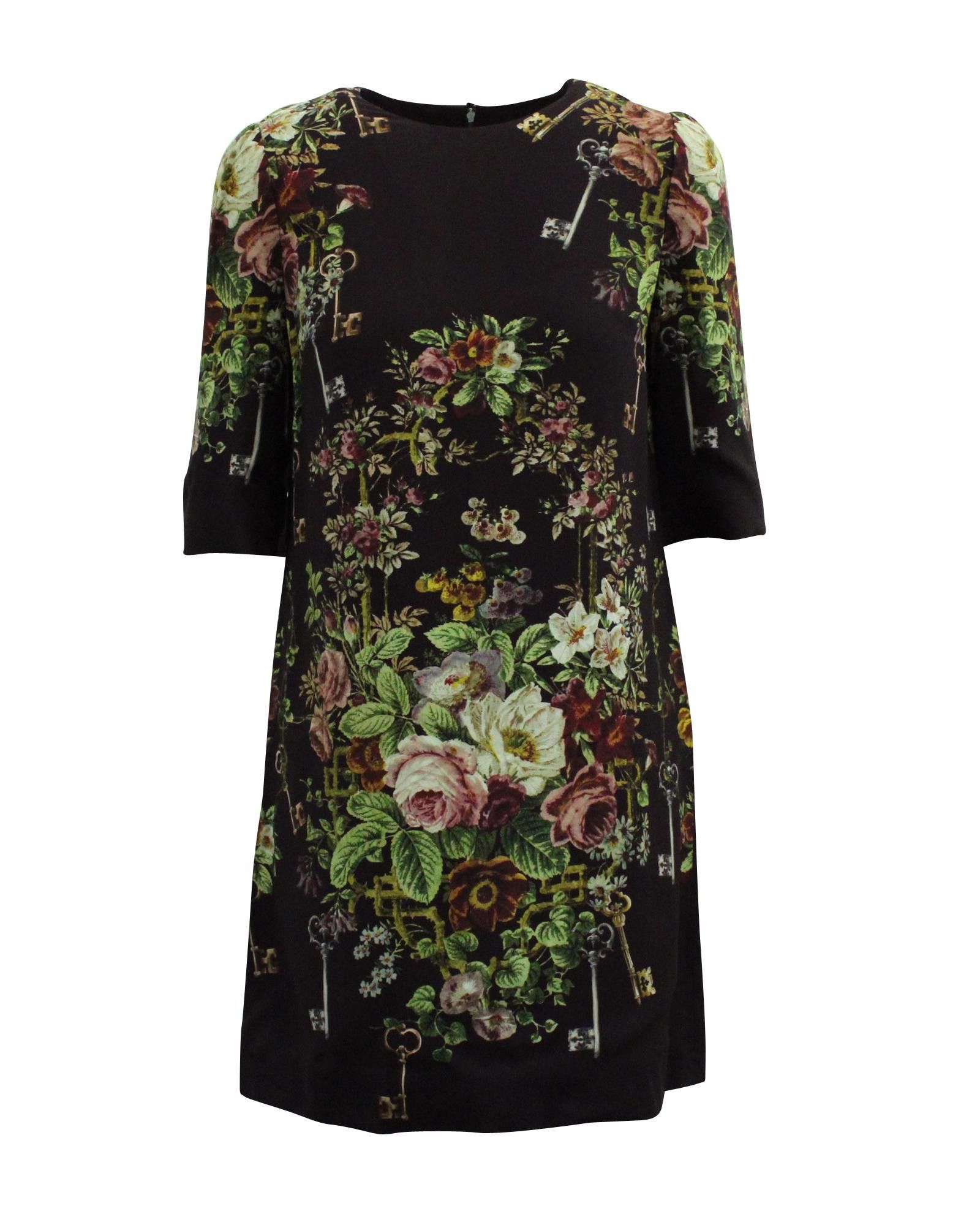 image of Dolce Gabbana Flower Bouquet Print Dress In Black Viscose, Women's (Size XS)