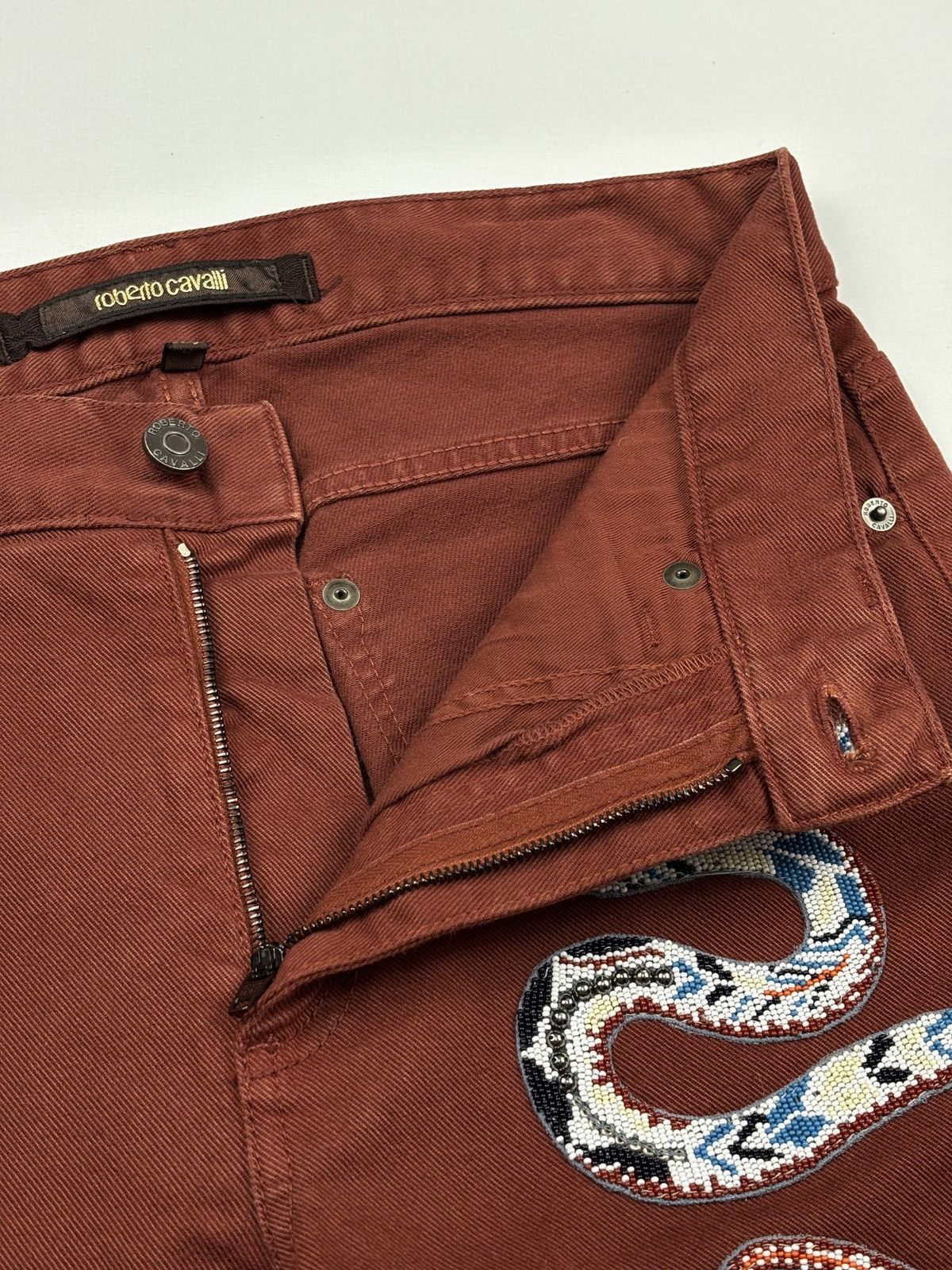Roberto Cavalli Burgundy Snake Embroidered Slim Fit Jeans Size US 30 / EU 46 - 7 Thumbnail