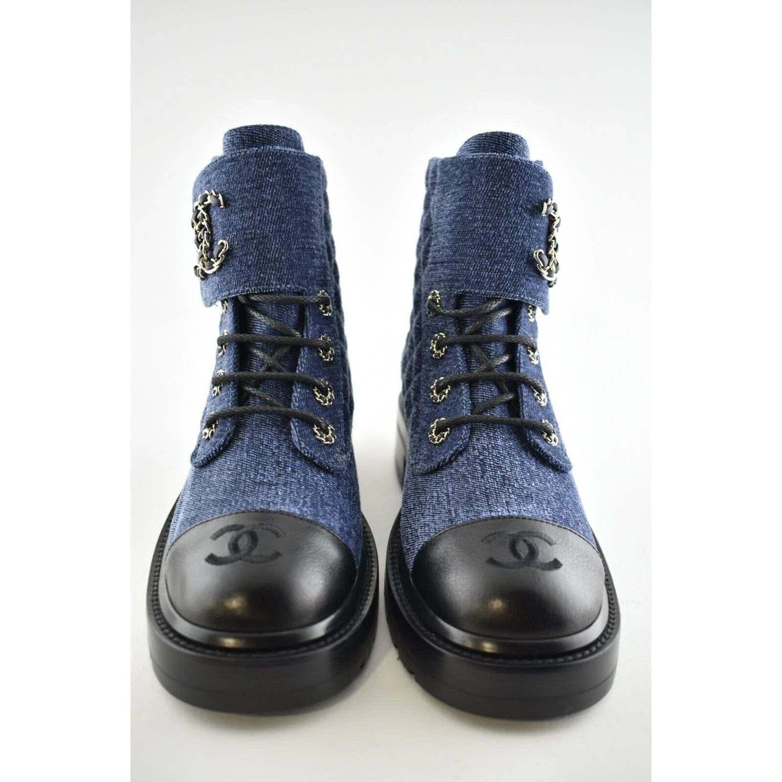 Chanel 21A Blue Black Quilted CC Chain Combat Lace Up