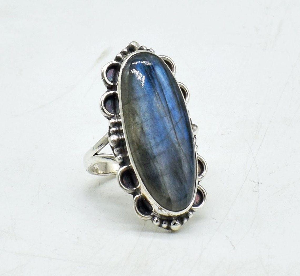 Handmade Labradorite 925 Silver Ring Oval Huge Statement Jewelry Size ONE SIZE - 3 Thumbnail