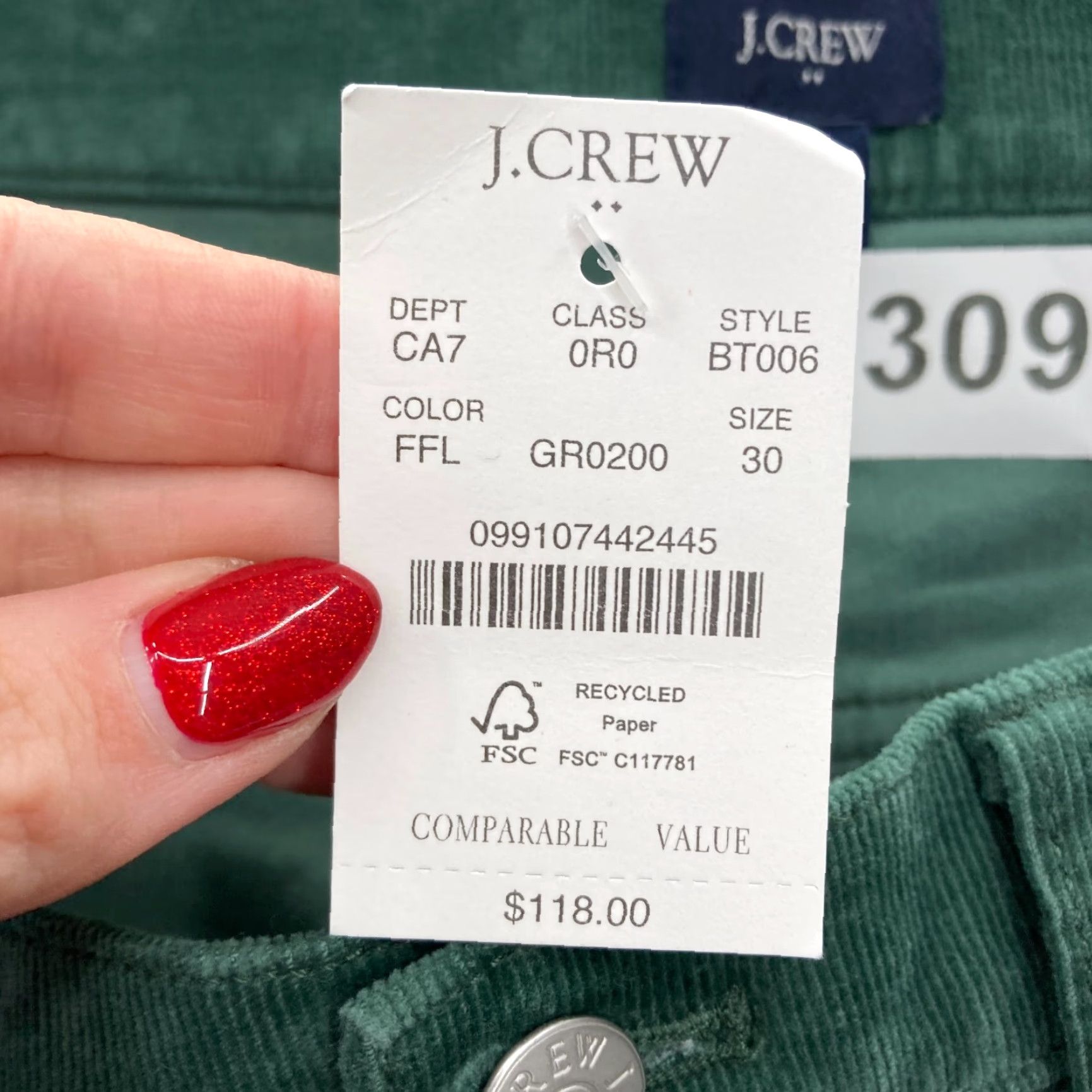 J.Crew J.CREW Corduroy Essential Straight Pants Women's 30 Green Stretch Casual Preppy Size 24" / US 00 / IT 34 - 5 Thumbnail