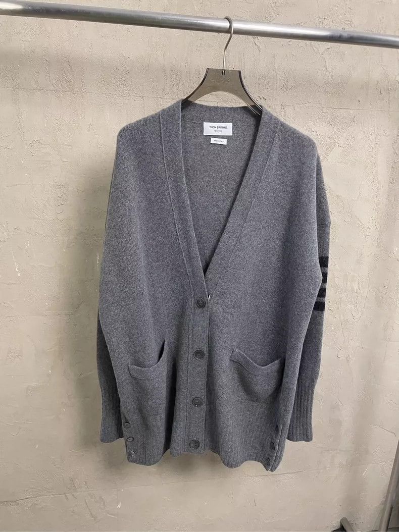 Thom Browne Gray Four-Stripe Cardigan- dmc
