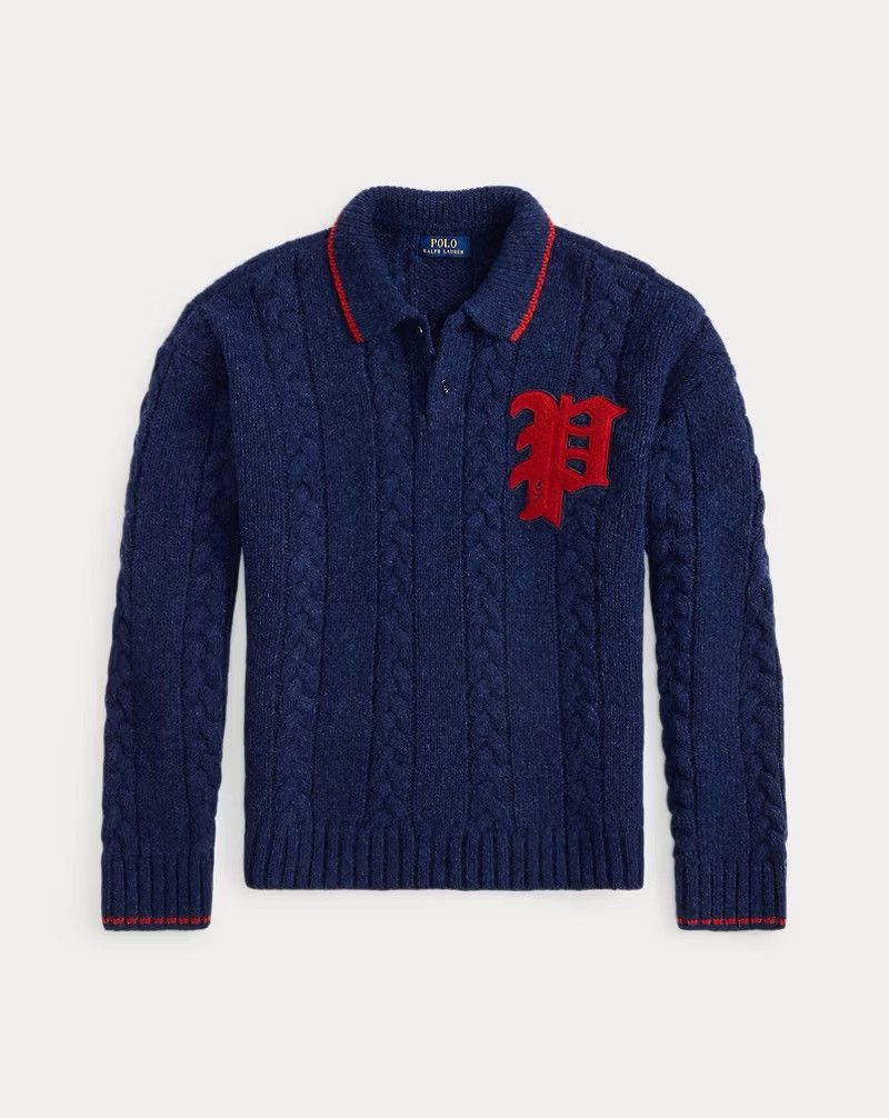 Polo Ralph Lauren Polo Ralph Lauren Cable-Knit Polo-Collar Letter Sweater Navy Size US XL / EU 56 / 4 - 5 Thumbnail