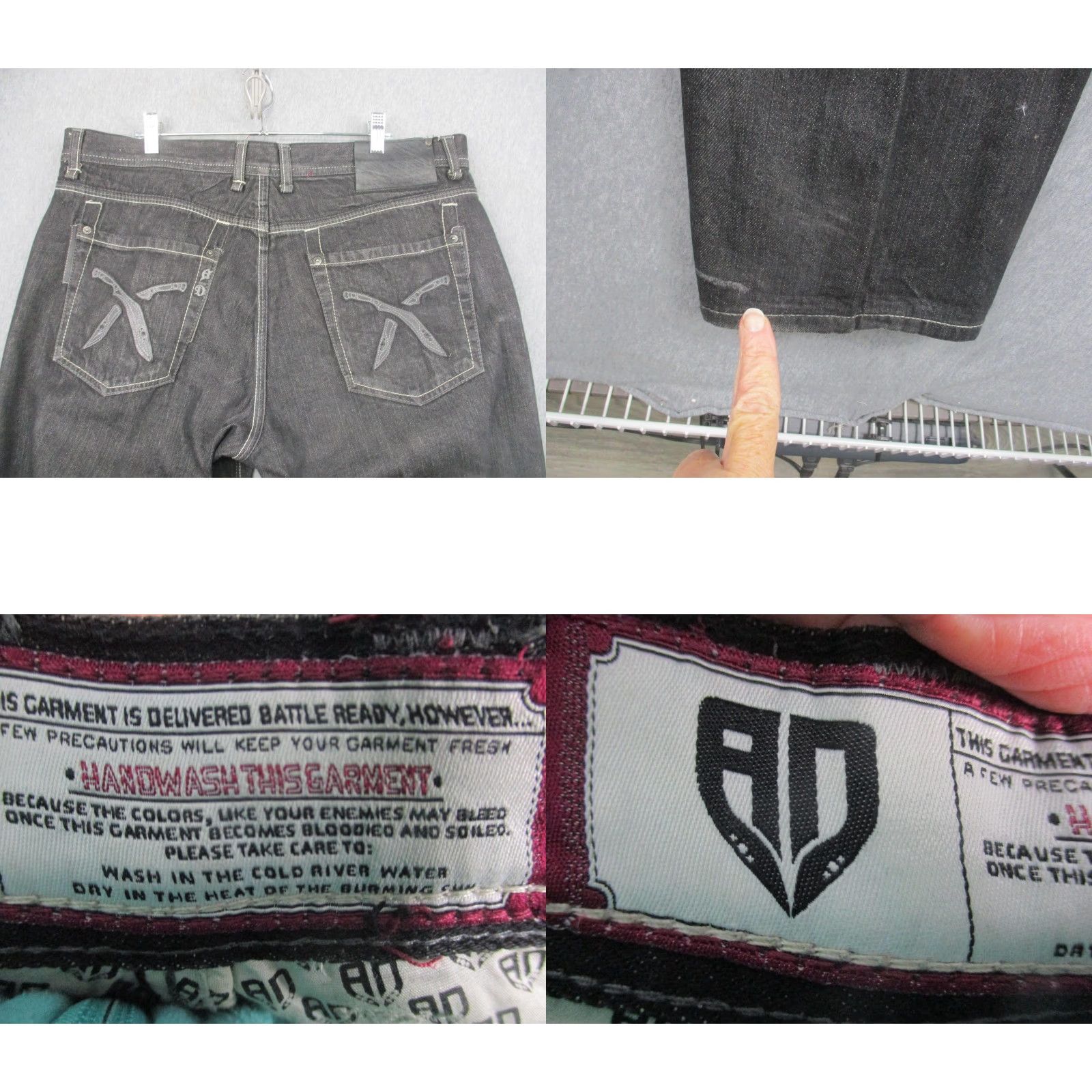 Denime Artful Dodger Jeans Mens 40 Black Denim Straight Leg Embroidered Pocket Knives Size US 40 / EU 56 - 8 Thumbnail