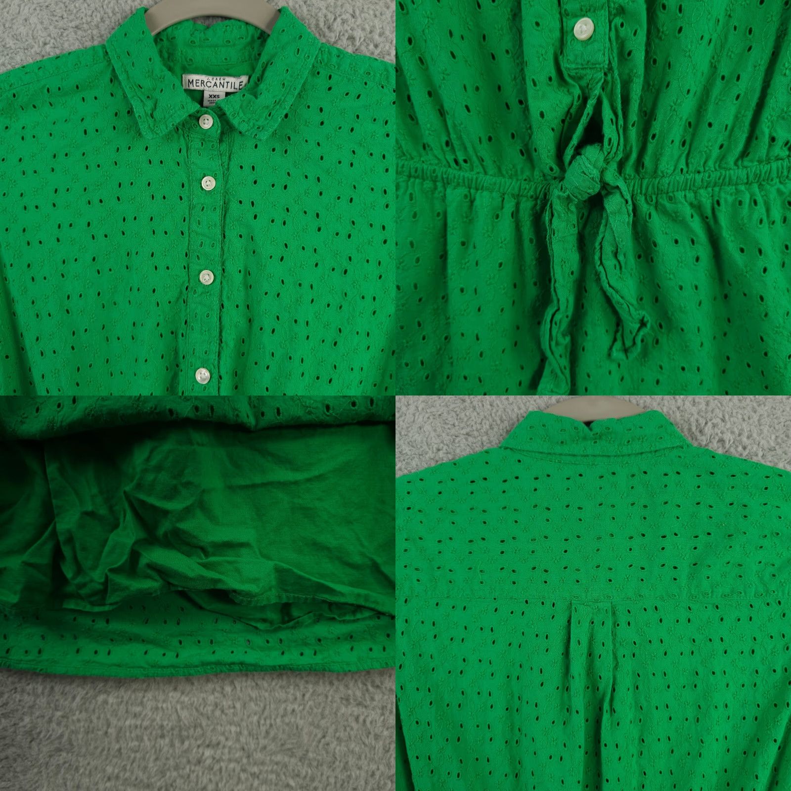 J.Crew J Crew Mercantile Dress Womens XXS Green Eyelet Collared Tie Front Lined Knee Size XXS / US 00 / IT 34 - 8 Thumbnail