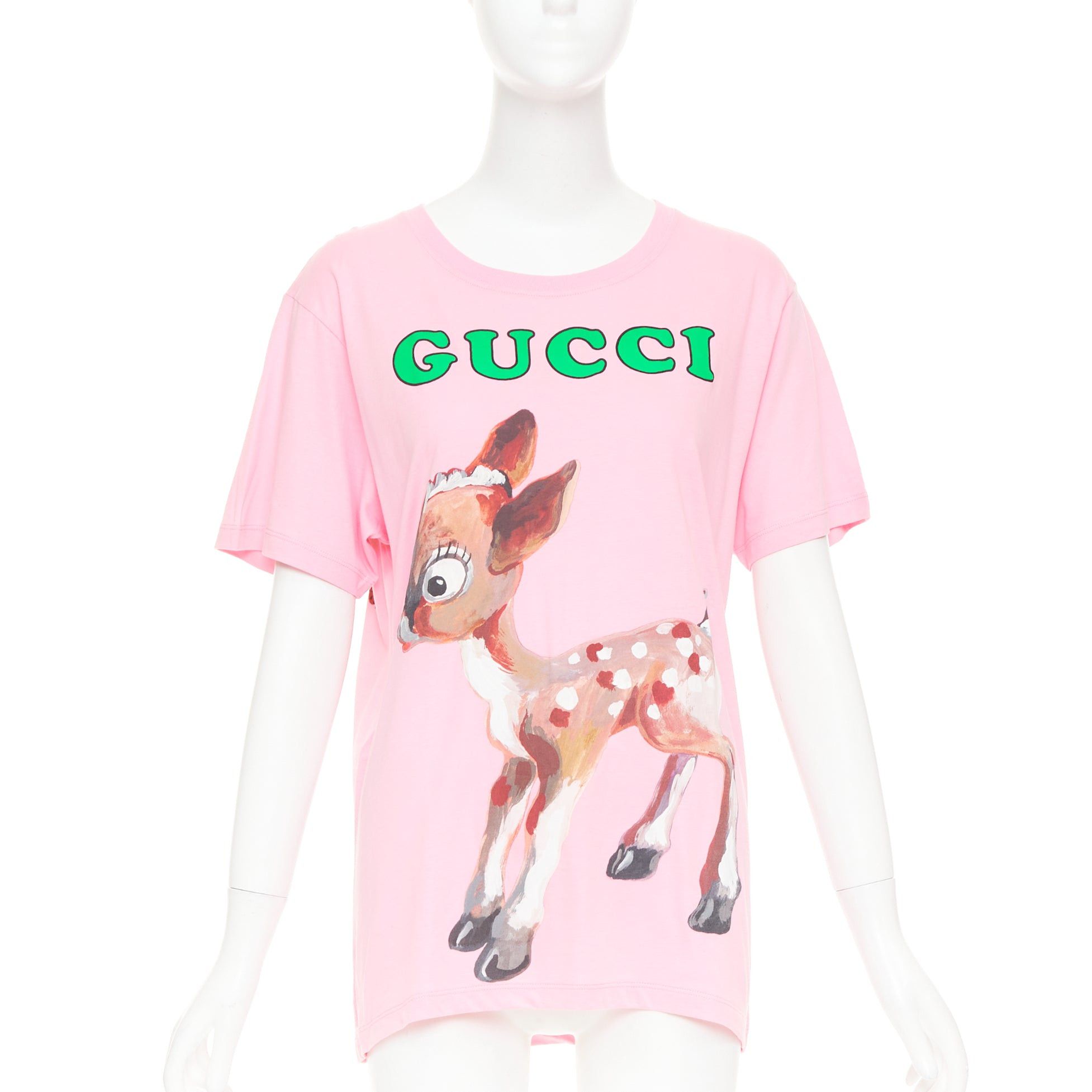 Gucci GUCCI 2018 pink cotton Fawn Bambi heart print green logo t-shirt XS Size XS / US 0-2 / IT 36-38 - 1 Thumbnail