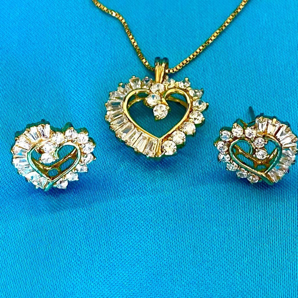 BV# Vermeil 925 Gold & Cz Heart 18” Necklace & Earrings
