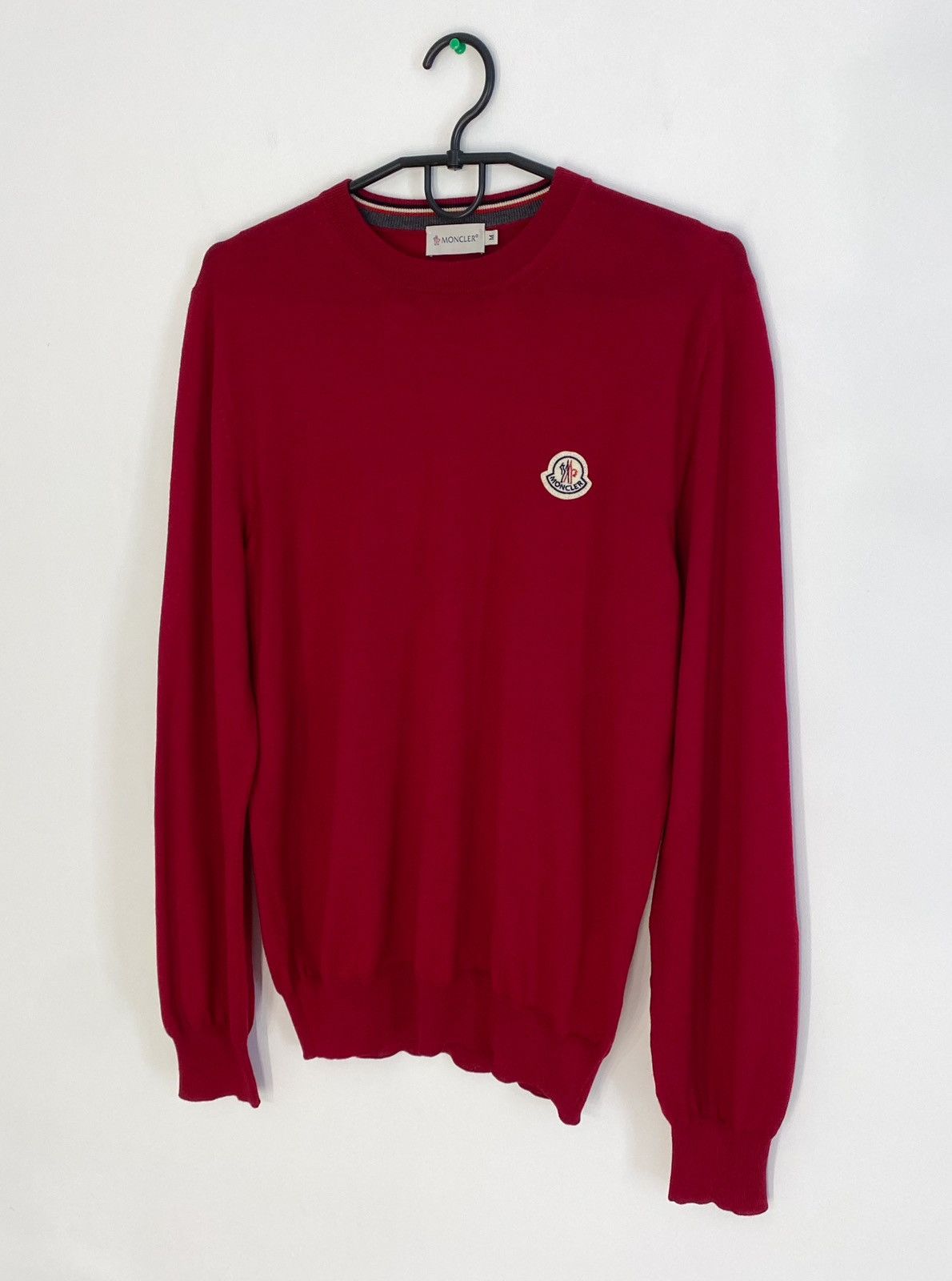 image of Moncler Logo Patch Crew Neck Wool Sweater in Cherry Red, Men's (Size Medium)