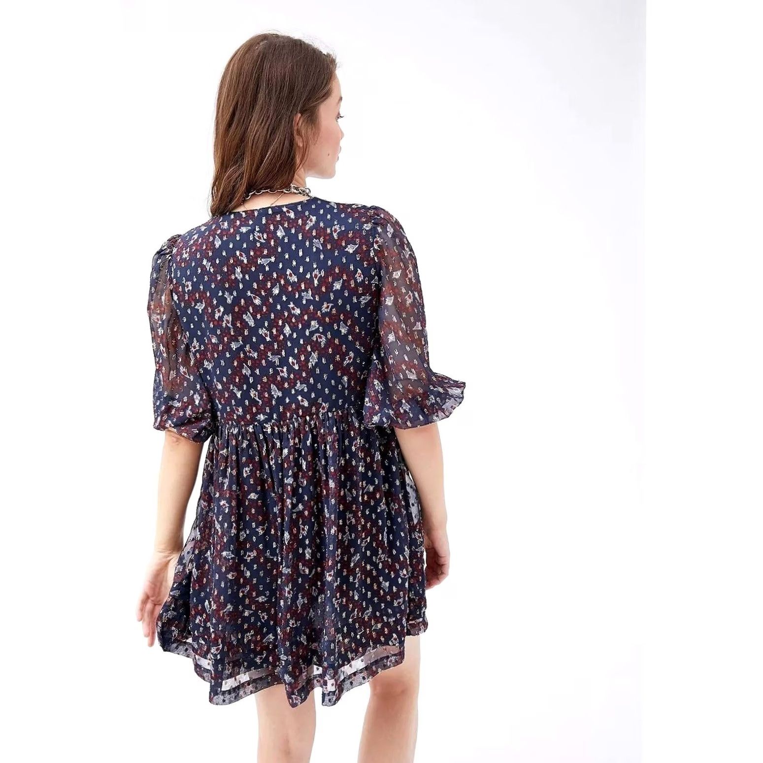 Urban Outfitters VINTAGE? Urban Outfitters Printed Chiffon Mini Dress Women's XS Blue Puff Sleeve Ruffle Pintuck Short Sleeve 3/4 Sleeve Mini Dress Girls? Size XS / US 0-2 / IT 36-38 - 3 Thumbnail