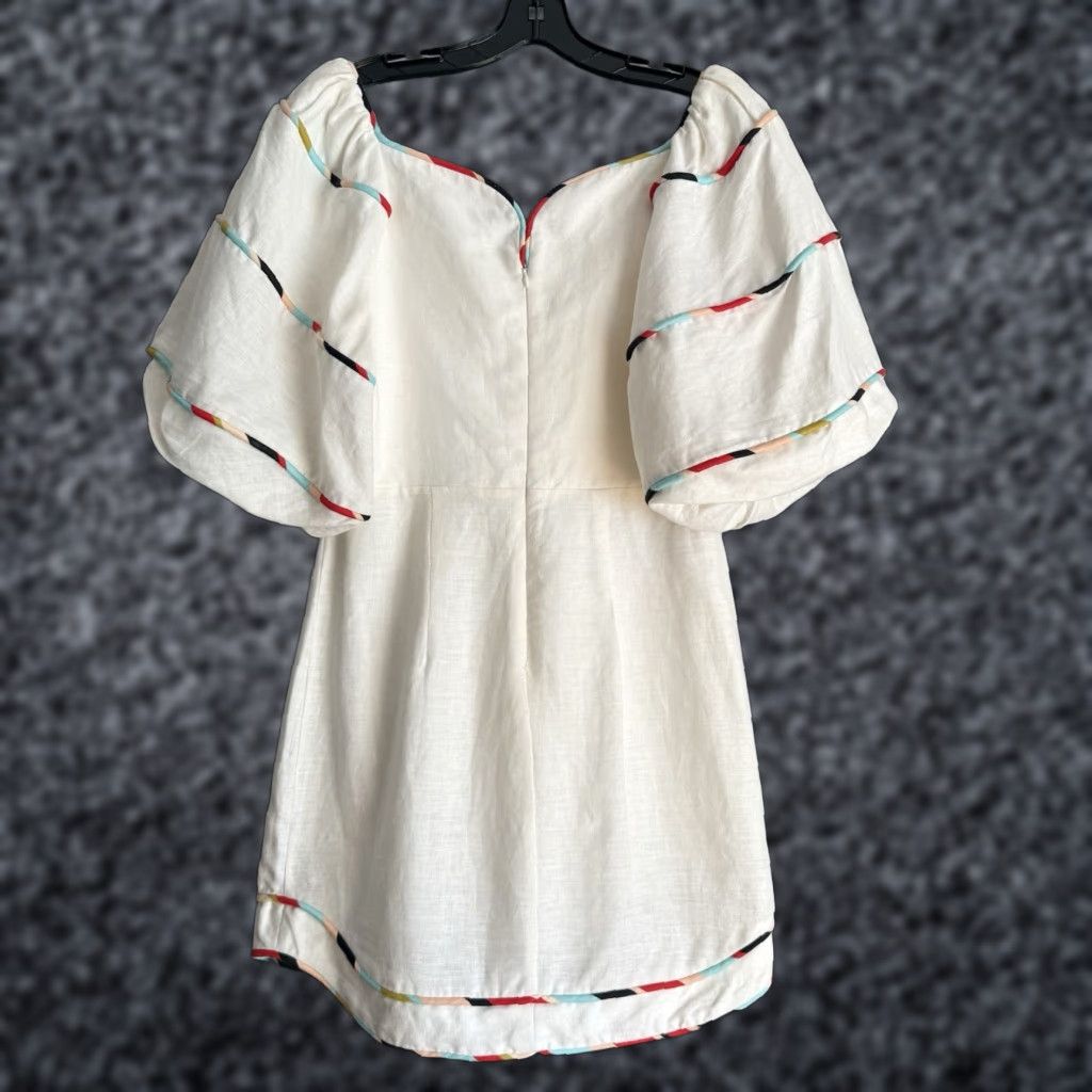 Farm Rio White Linen Short Sleeve Mini Dress M Womens Striped Colorful 100%  Linen Summer 34\" Length - www.bongoclub.cl