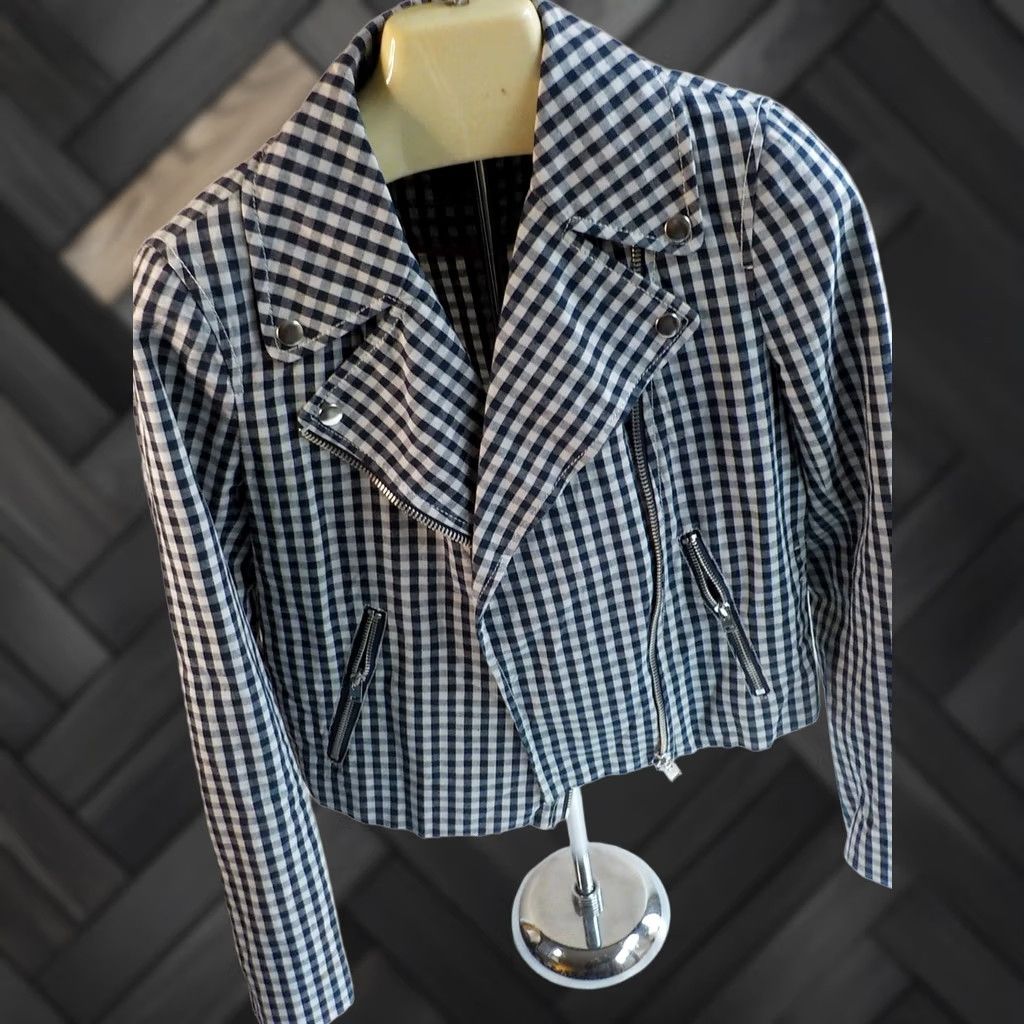 J.Crew J CREW Check Moto Style Jacket Asymmetrical Zip Blue/Ivory Cotton Blend SZ 4 Jacket Women Short 4 Blue Ivory Check Zippered Pockets Great Condition Size S / US 4 / IT 40 - 1 Thumbnail
