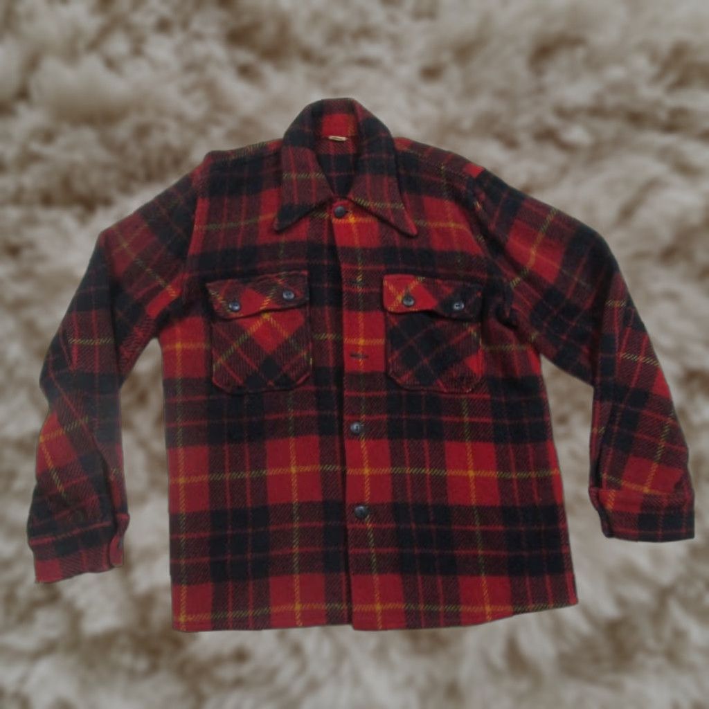 VINTAGE Wool Flannel Shirt Red Black Tartan Plaid Button-Front M 1960s Mens Women?