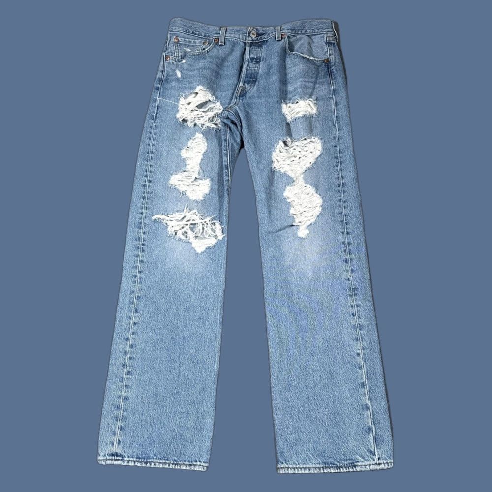 Levi's Levis 501 Jeans Mens 34x32 Blue Denim Distressed Ripped Button Fly Straight Leg Size US 34 / EU 50 - 1 Thumbnail