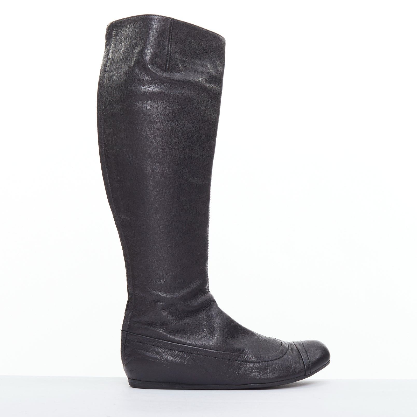 Lanvin LANVIN black soft leather round toe panelled flat long boots Size US 7 / IT 37 - 1 Thumbnail
