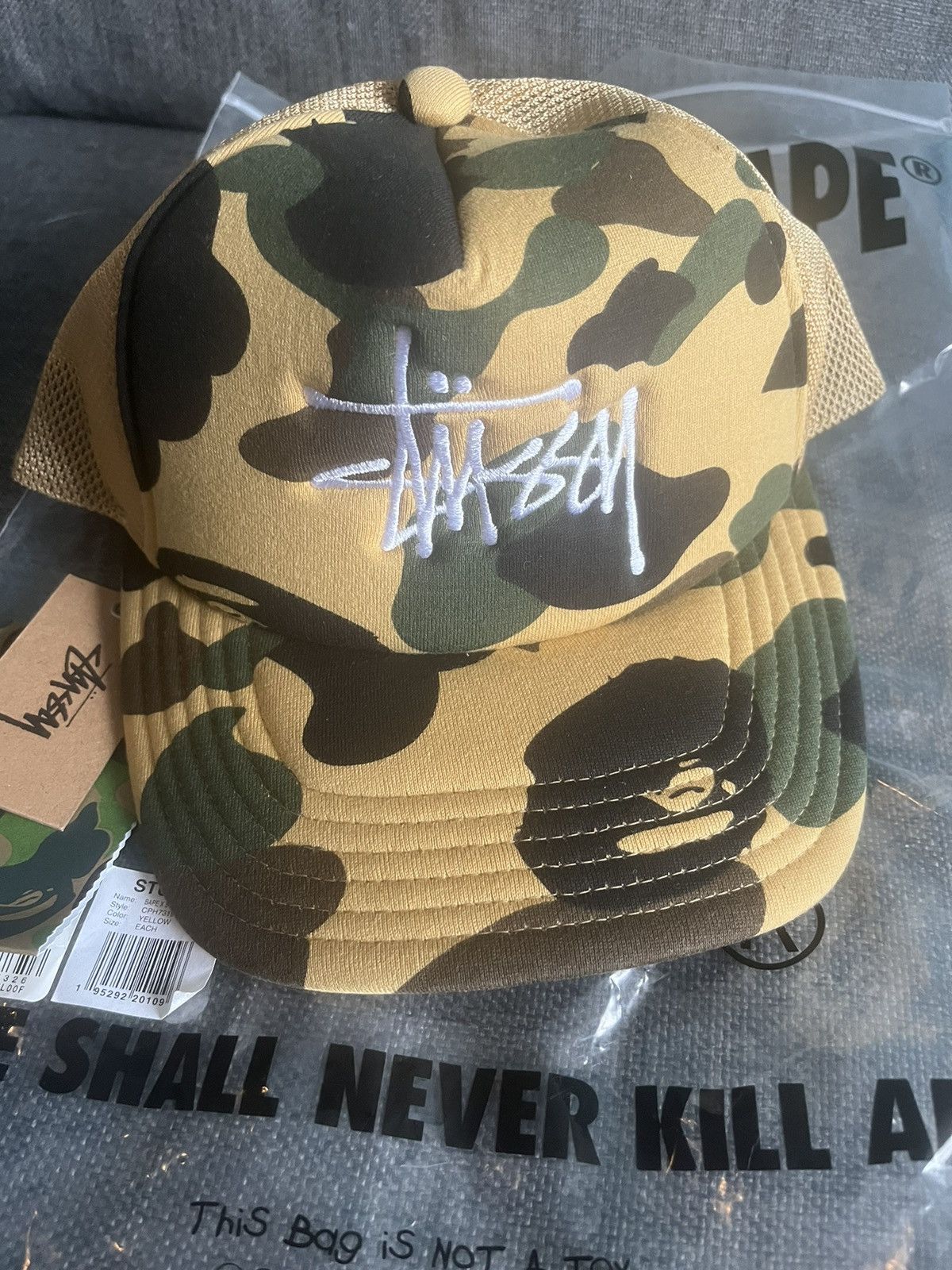 image of NWT Stussy X Bape Trucker Cap in Camo, Men's