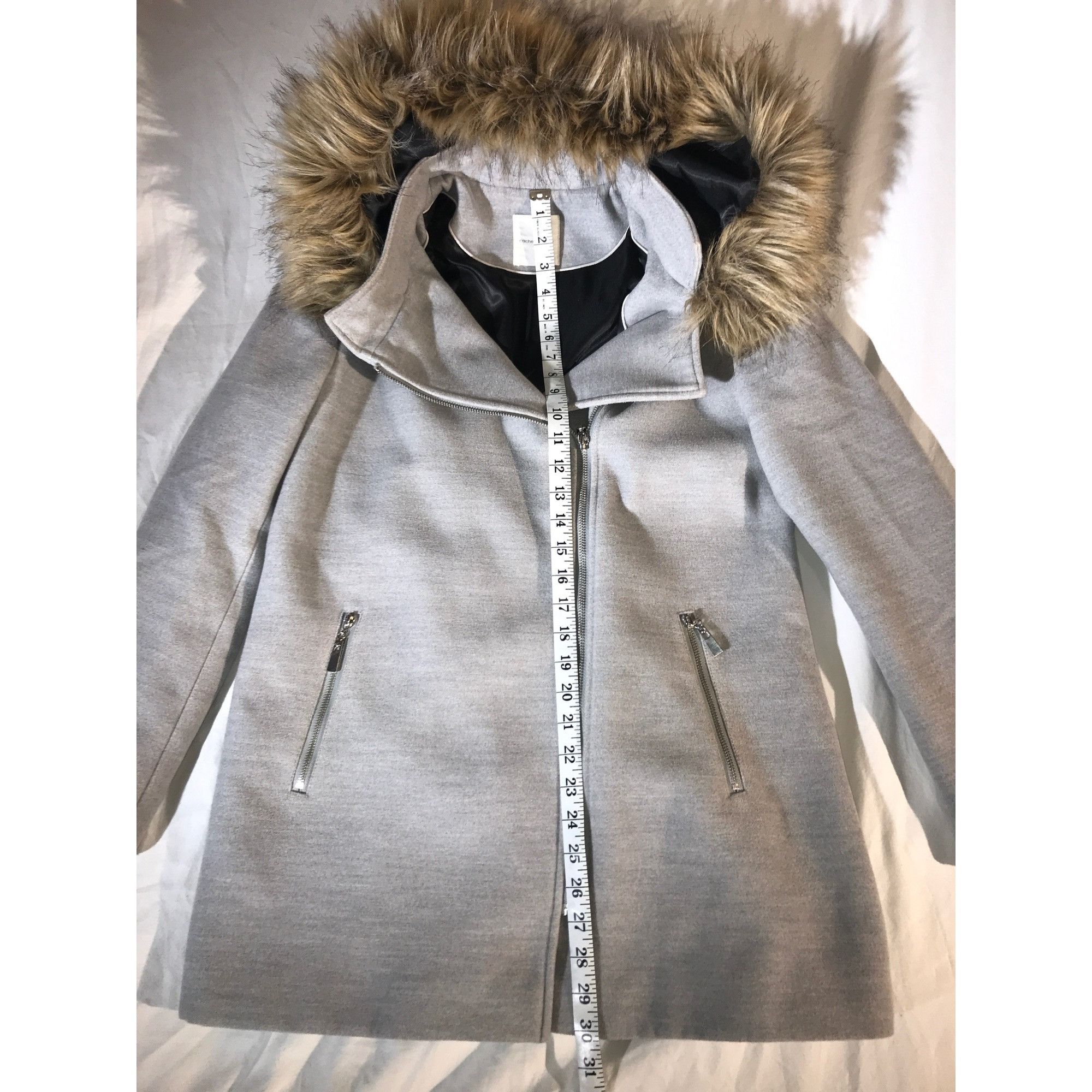 Designer Cache Cache Womens Gray Polyester Faux Fur Trim Hooded Coat Size M / US 6-8 / IT 42-44 - 4 Thumbnail