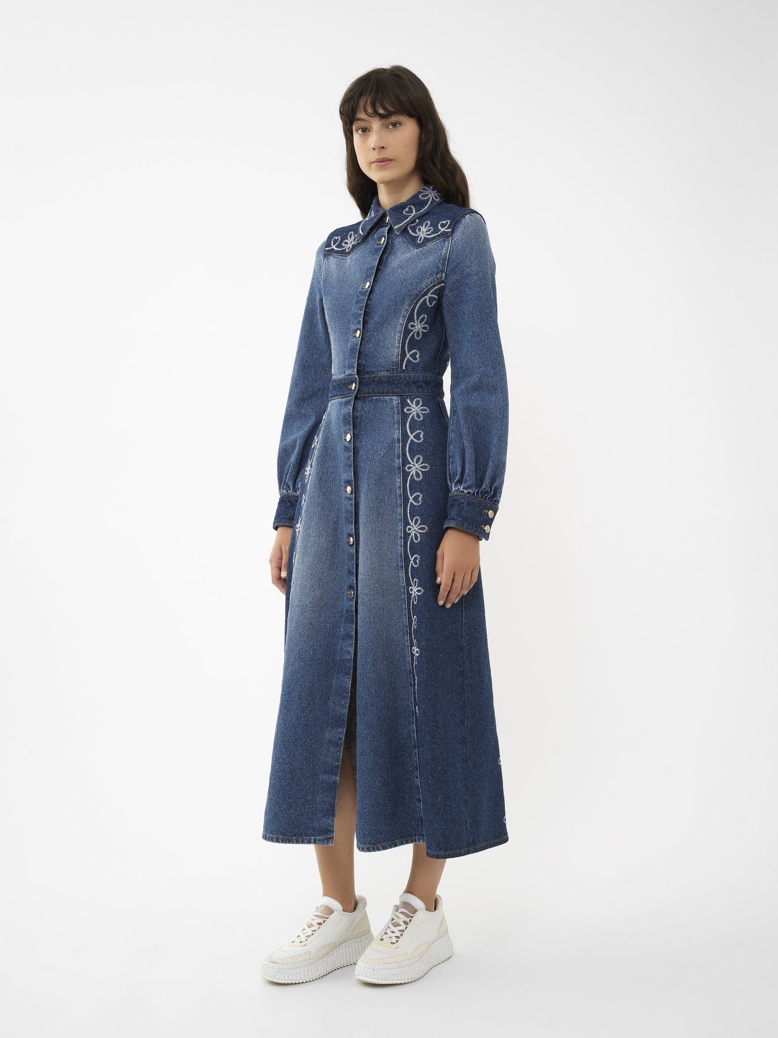 Chloe o1loc1c10425 Embroidered Denim Shirt Dress in Blue Size L / US 10 / IT 46 - 3 Thumbnail
