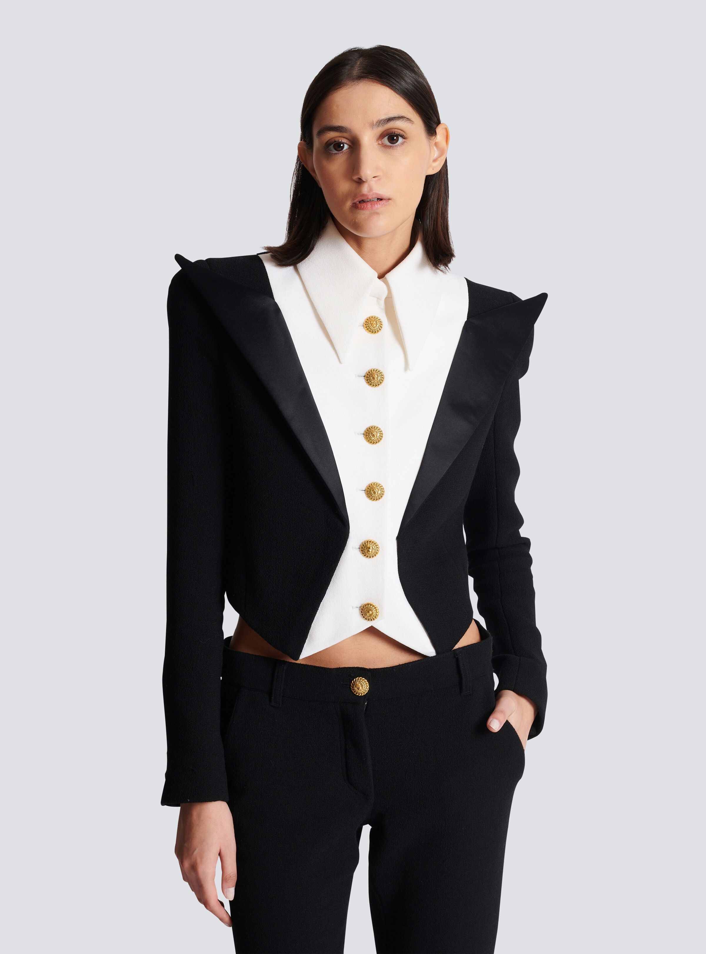 Balmain o1s1wg110825 Cropped 6 Button Crepe Jacket in Black/White Size L / US 10 / IT 46 - 5 Thumbnail