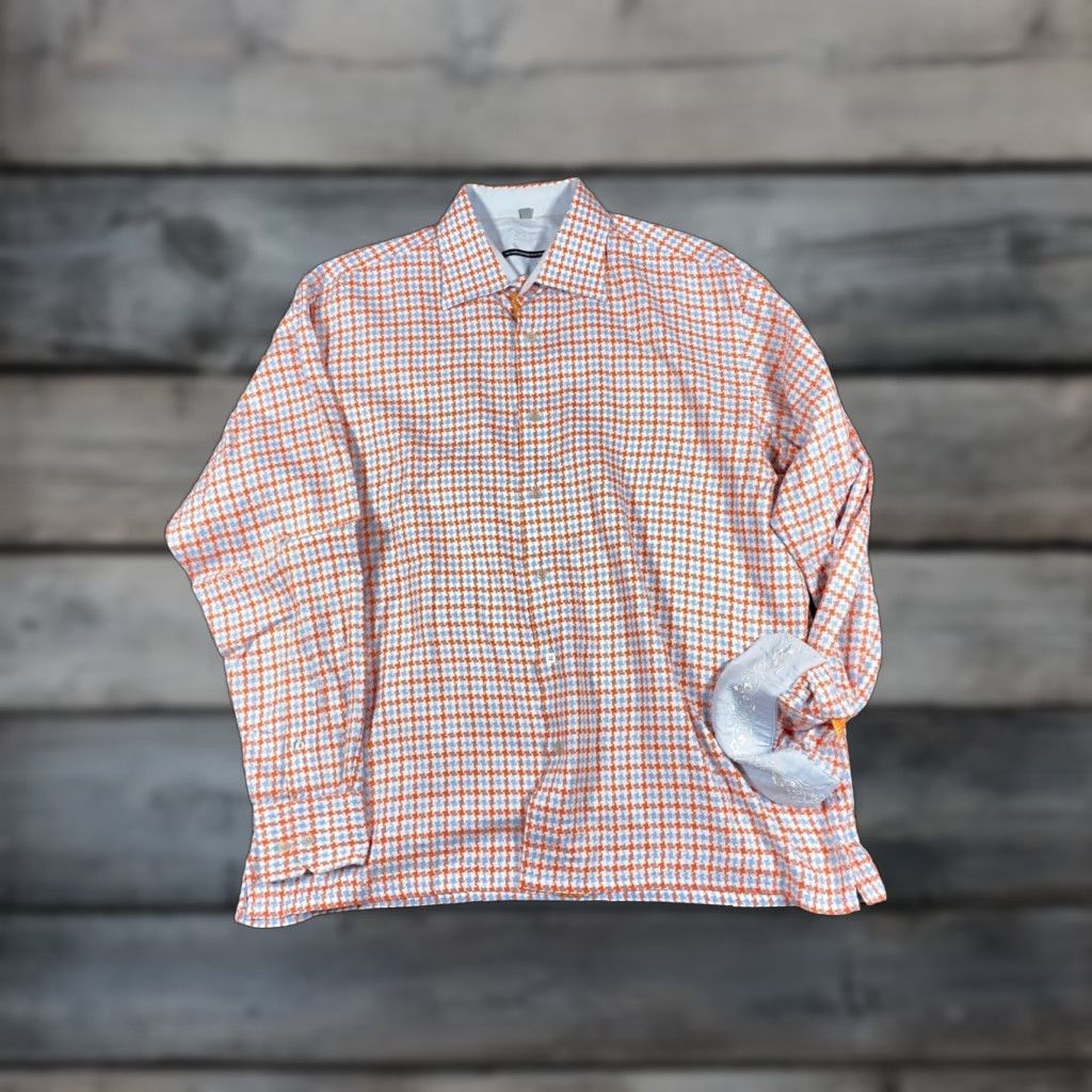Luchiano Visconti VINTAGE Visconti Flip-Cuff Shirt Men XL Orange Blue Houndstooth Paisley Trim Button-Down Cotton Shirt Size US XL / EU 56 / 4 - 1 Thumbnail