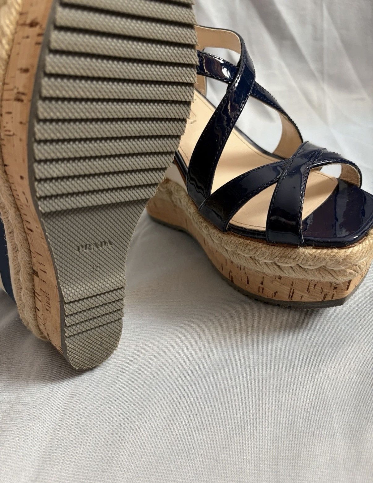 Prada Prada Navy White Stripes Patent Leather Wedge Sandals 38eu Size US 8 / IT 38 - 10 Thumbnail