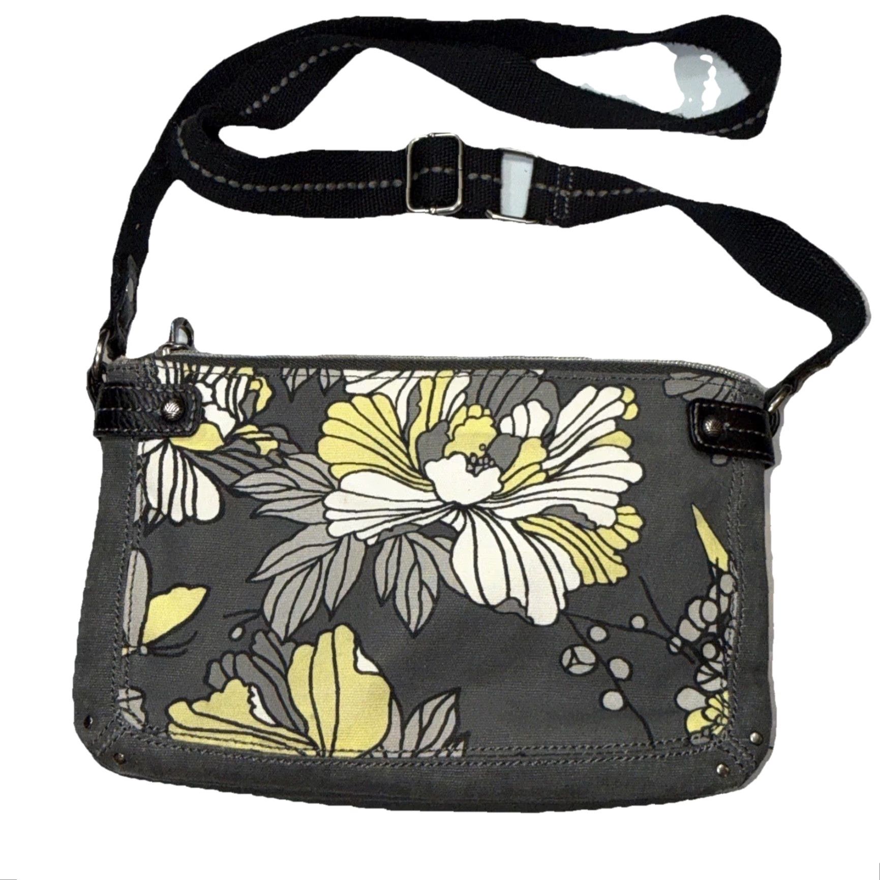 Vintage Sakroots Artist Circle Crossbody Purse Canvas Gray Yellow White Flower Blossom Floral Pattern, Zip, Adjustable Strap, Tote? Size ONE SIZE - 2 Thumbnail