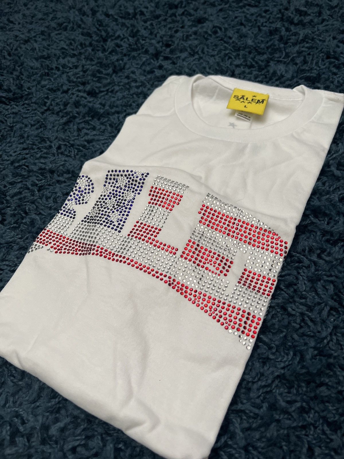 image of Drain Gang Salem American Flag Rhinestone Shirt Nyc Exclusive in White, Men's (Size Large)