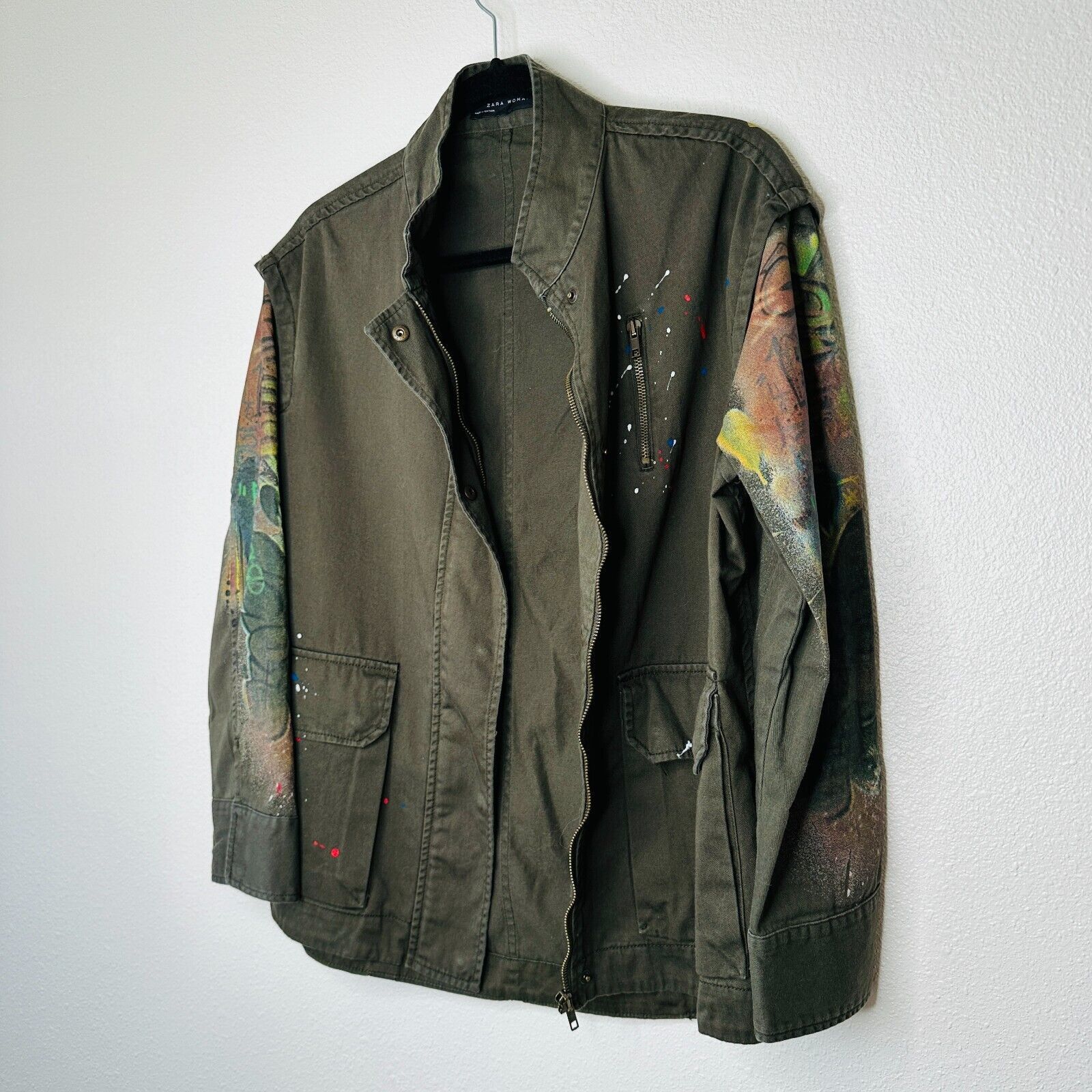 Zara Zara Army Green Grafitti New York Jungle Zip Utility Jacket Size XS / US 0-2 / IT 36-38 - 4 Thumbnail