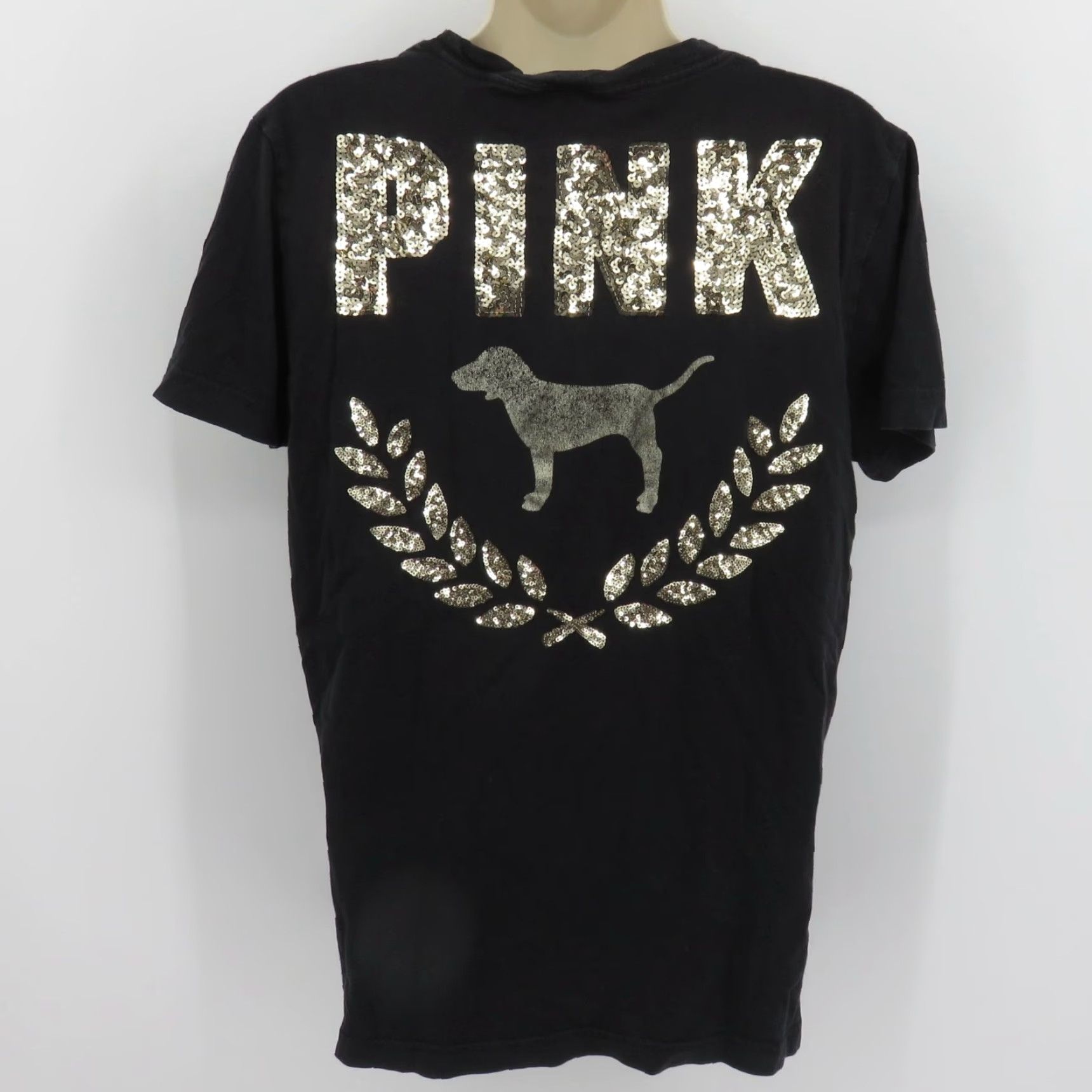 Victoria's Secret Victoria's Secret PINK Women Small Black Gold Sequin Dog Logo Tee T Shirt Top Size S / US 4 / IT 40 - 4 Thumbnail