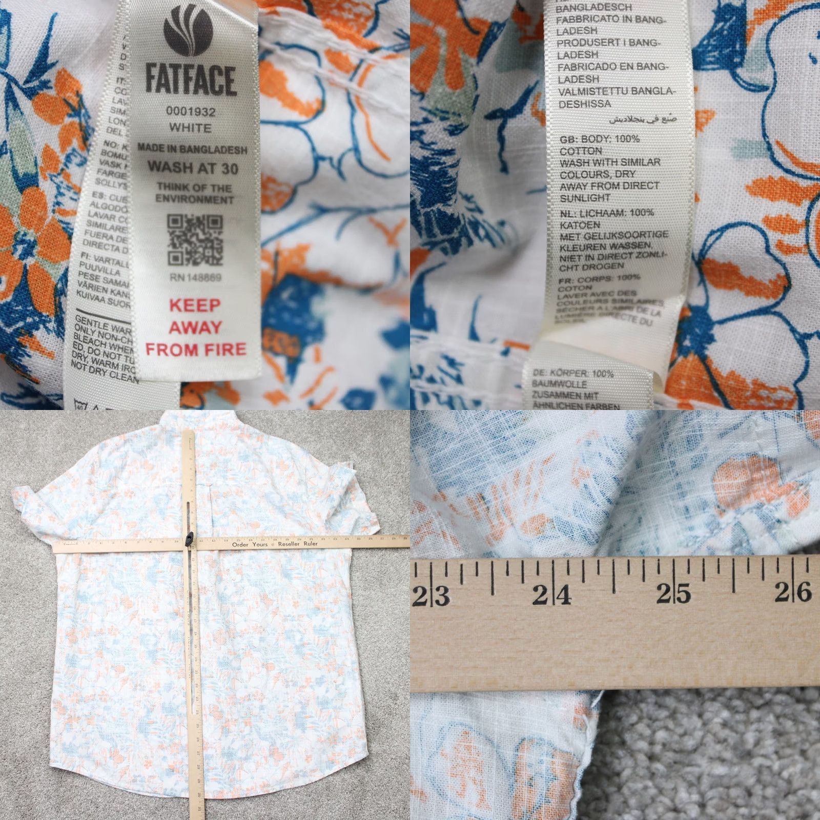 FatFace FatFace Shirt Mens XL White/Orange/Blue Floral Reverse Print Cotton Short Sleeve Button-Up Hawaii Theme Mens X-Large Floral Print Shirt Size US XL / EU 56 / 4 - 8 Thumbnail
