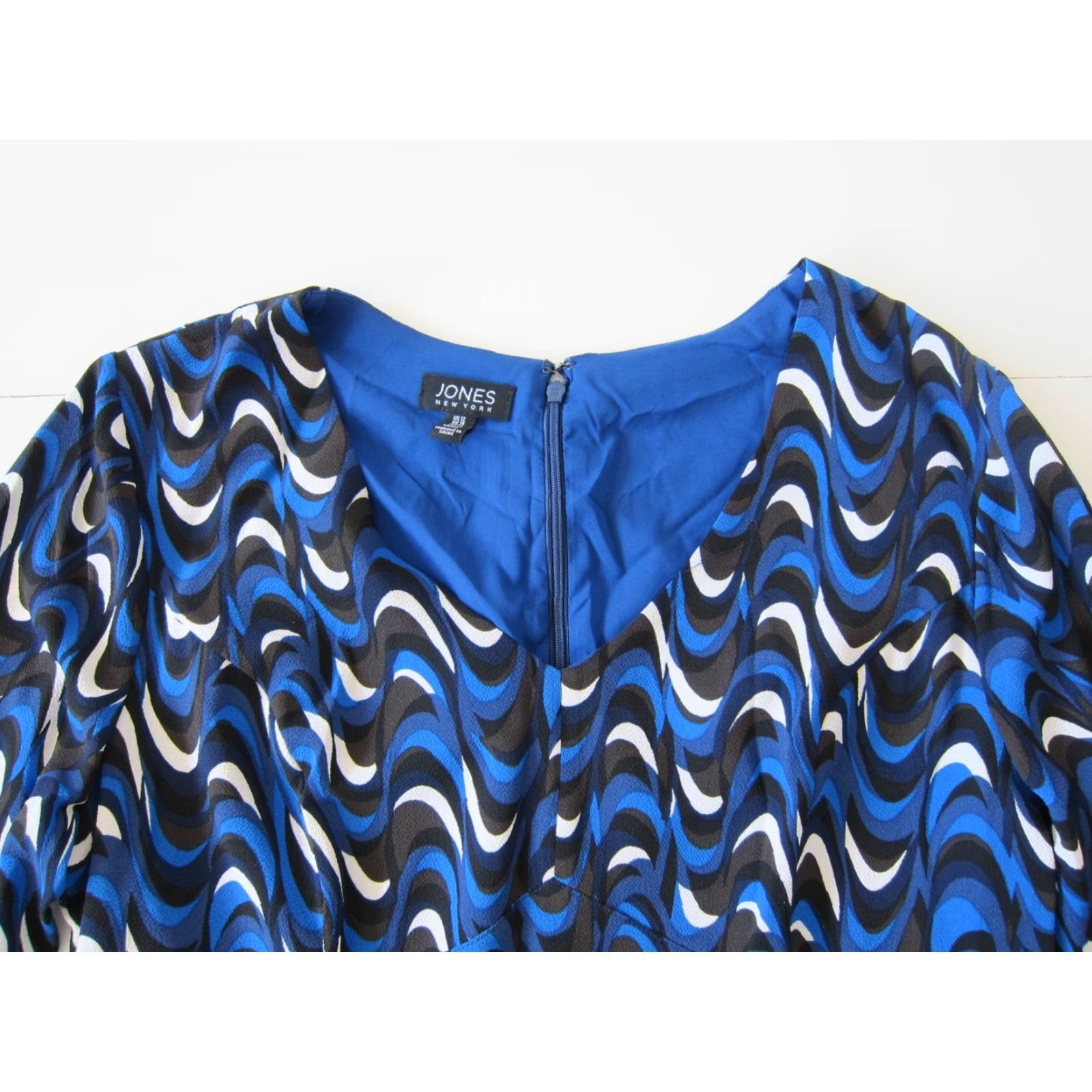 Jones New York Jones New York Blue Black White Geometric Long Sleeve V-Neck Sheath Dress 12 Size XL / US 12-14 / IT 48-50 - 3 Thumbnail