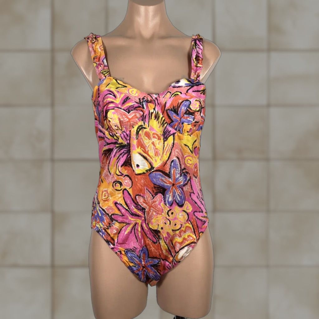 VINTAGE Rio Hot One Piece Swimsuit Women's L Neon Underwire Hi Cut Geometric Multicolor 90s Retro