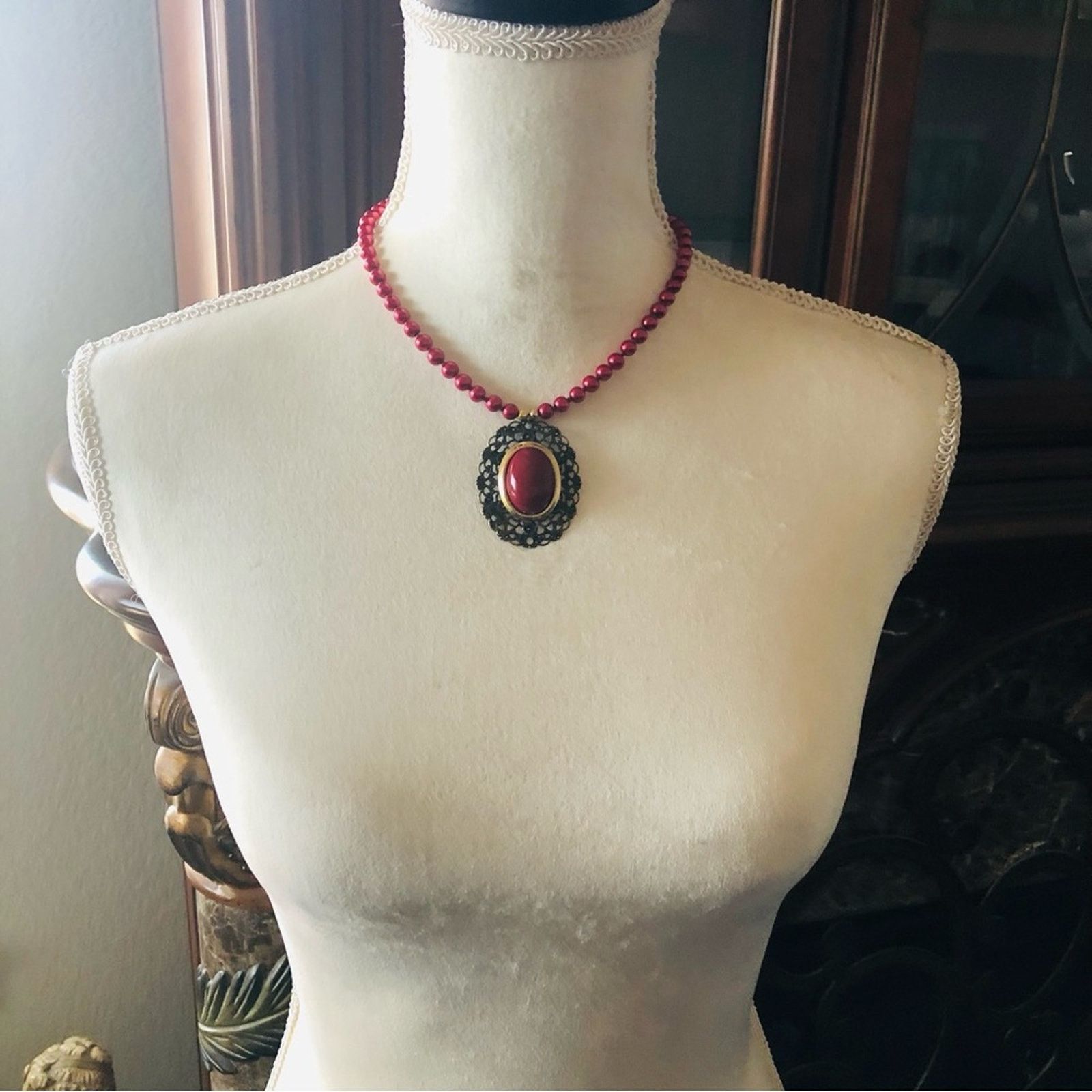 Handmade Handcrafted repurpose red cabochon filigree Pearl necklace Size ONE SIZE - 5 Thumbnail