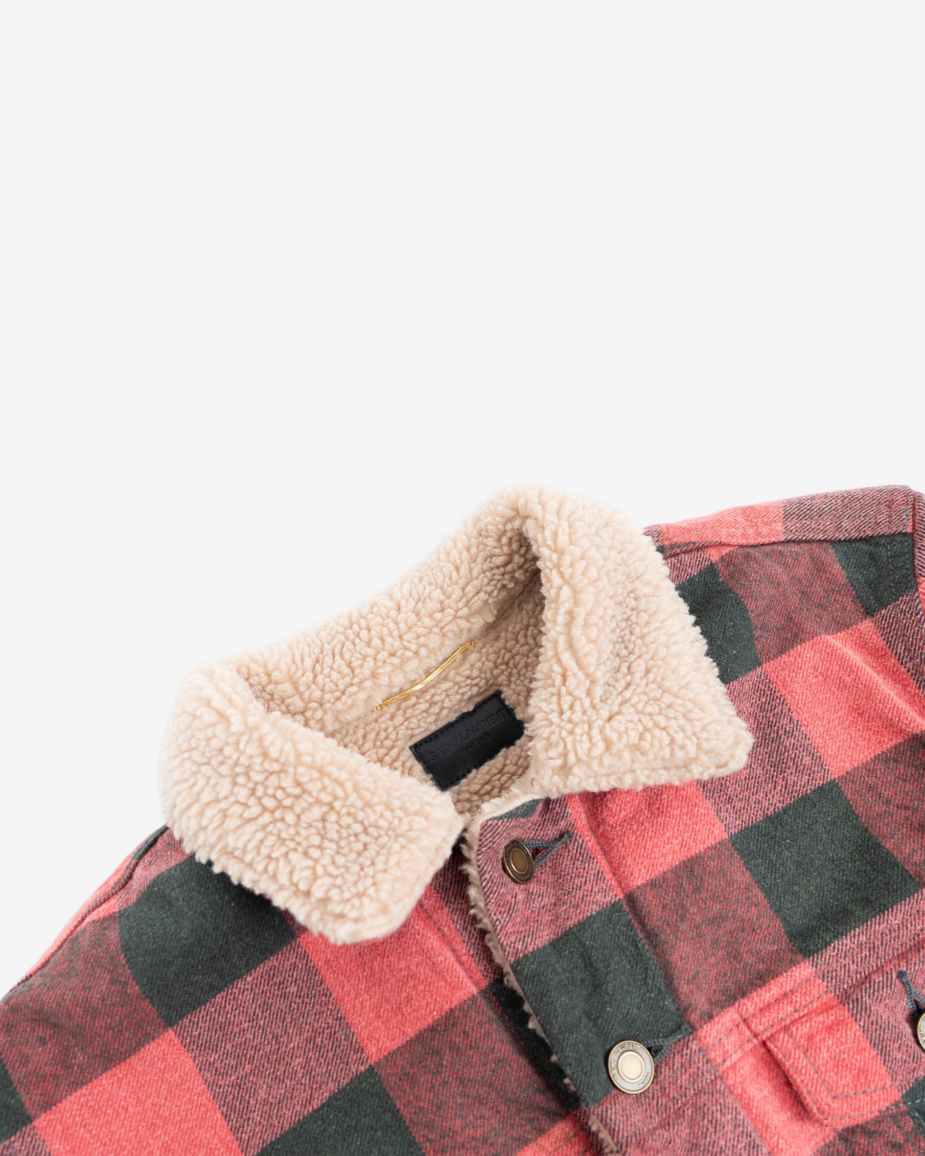Saint Laurent Paris Red Checked Faux Shearling Trucker Jacket Size S / US 4 / IT 40 - 7 Thumbnail