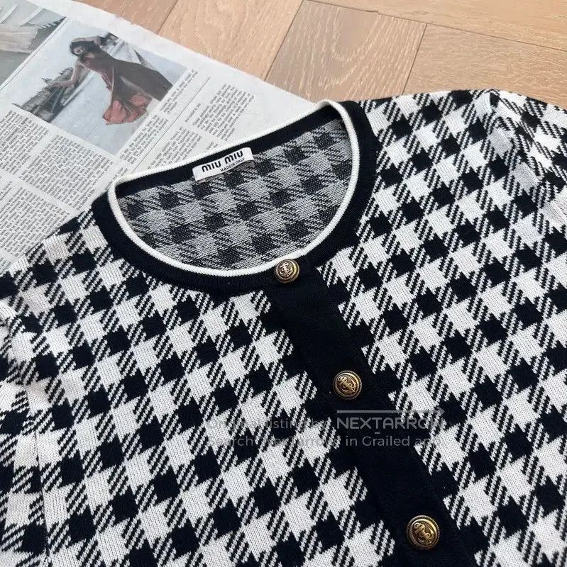Miu Miu Miu Miu Black Checked Short Sleeve Cardigan . Size L / US 10 / IT 46 - 6 Thumbnail