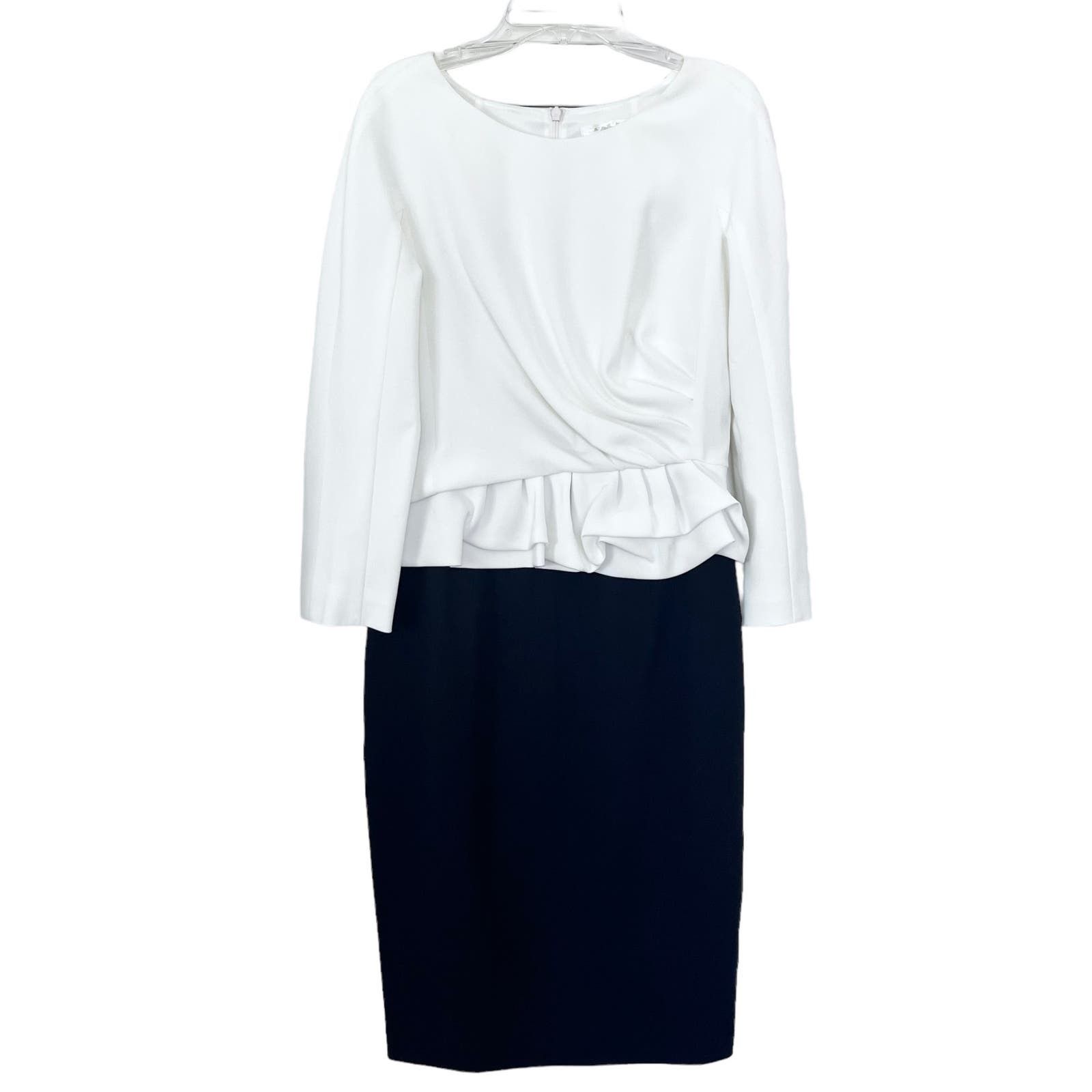image of Paule Ka Long Sleeve Peplum Colorblock Sheath Dress in White, Women's (Size Medium)