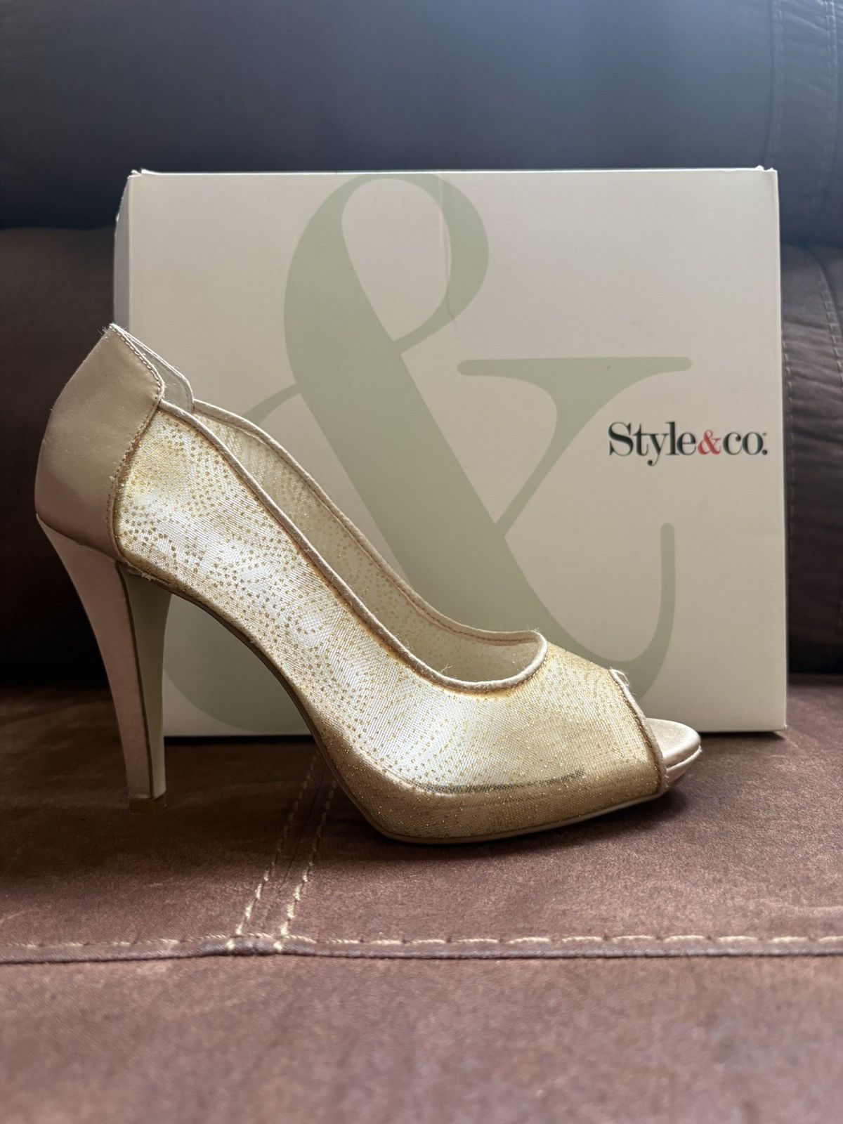 Style & Co Style & Co. Gold Glitter Peep-Toe Platform Pumps Size US 7 / IT 37 - 1 Thumbnail