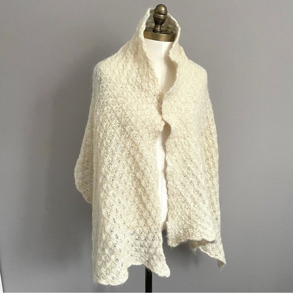 Vintage Ivory Hand Knit Blanket Scarf Shawl Stole Wrap - 72 x 20"⚜️ Size ONE SIZE - 2 Thumbnail