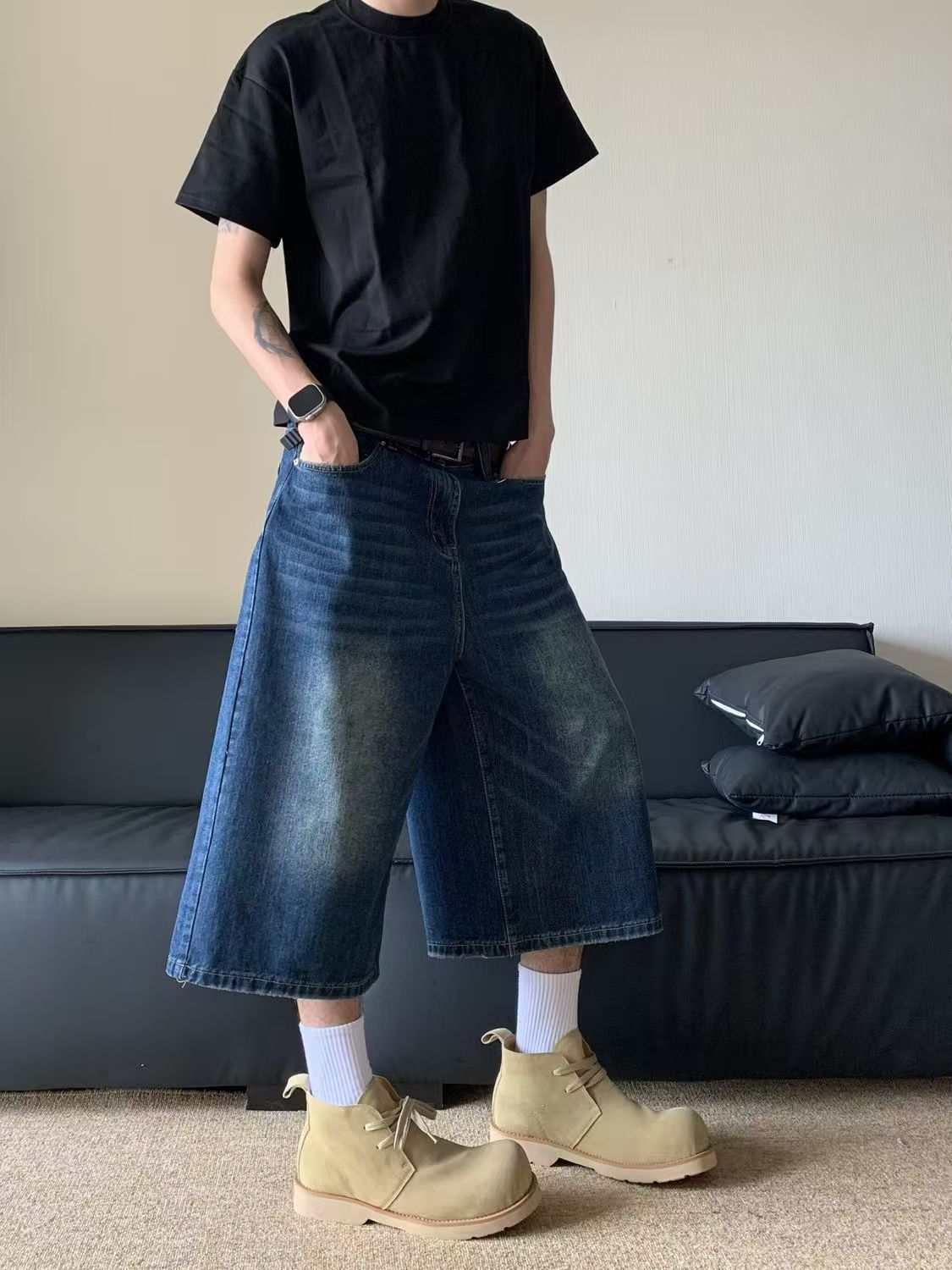 Vintage Blue Casual Retro Hip-Hop Straight-Leg Denim Shorts Size US 32 / EU 48 - 3 Thumbnail