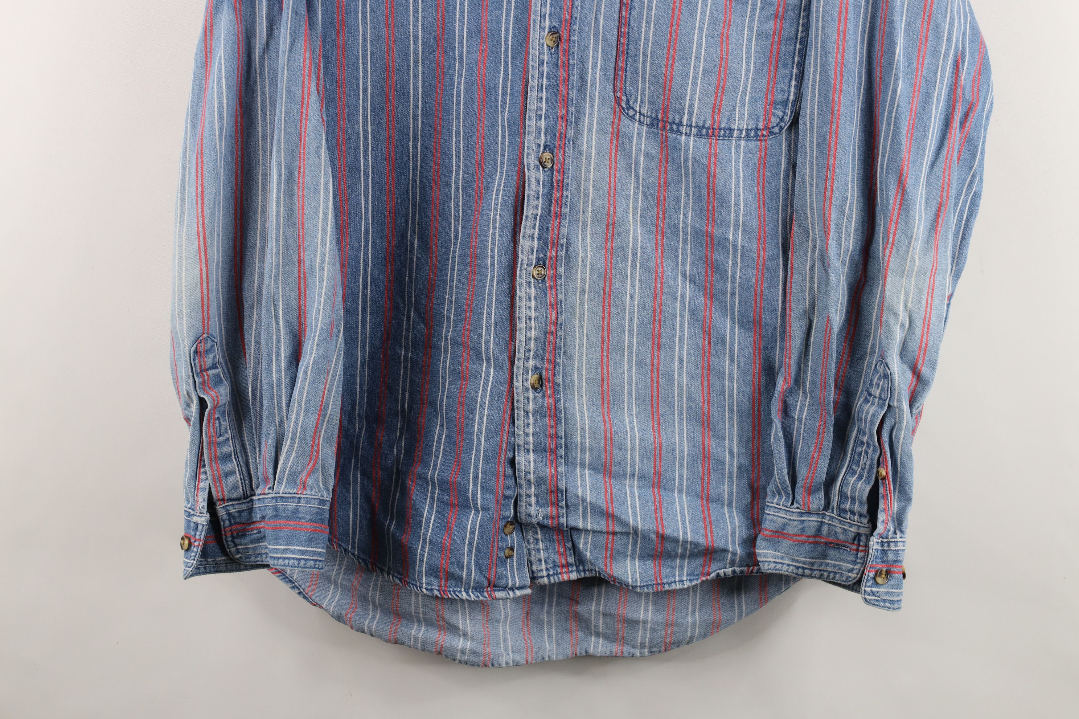 Vintage Vintage 90s Streetwear Striped Denim Jean Button Down Shirt Size US L / EU 52-54 / 3 - 3 Thumbnail