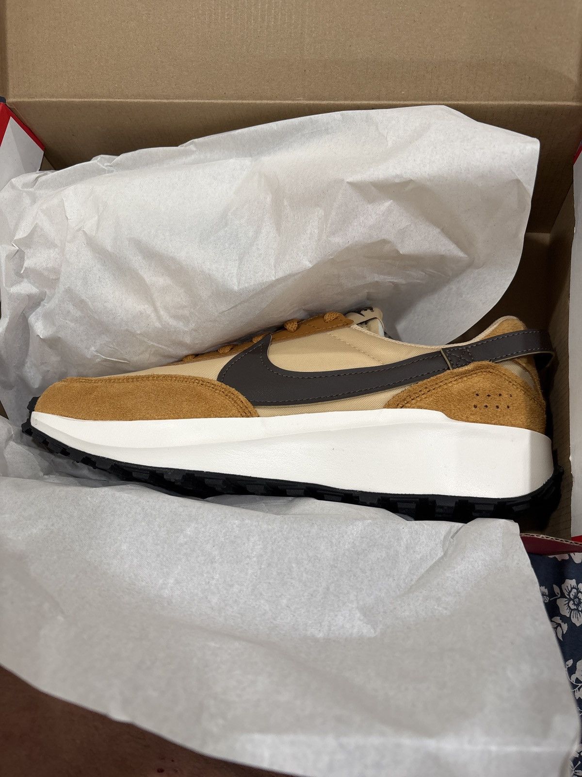 Nike Waffle One trainers in brown and white