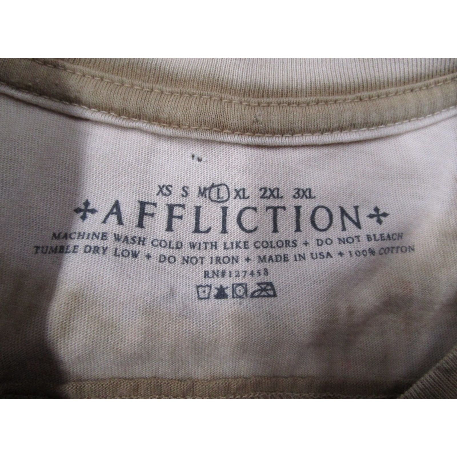 Affliction Affliction Shirt Mens Large Beige Short Sleeve Crew Neck 1973 AOP Made in USA Size US L / EU 52-54 / 3 - 3 Thumbnail