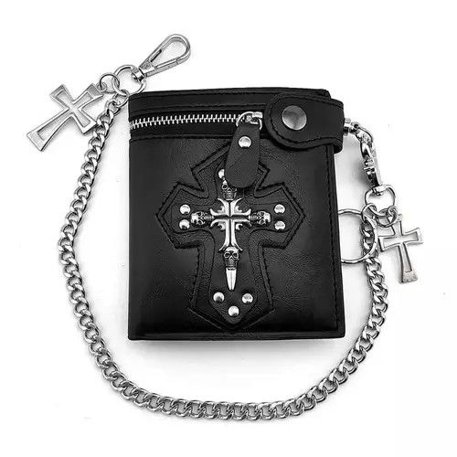 Jewelry Cross Clasp Leather Wallet with Antique Biker Chain Size ONE SIZE - 4 Thumbnail
