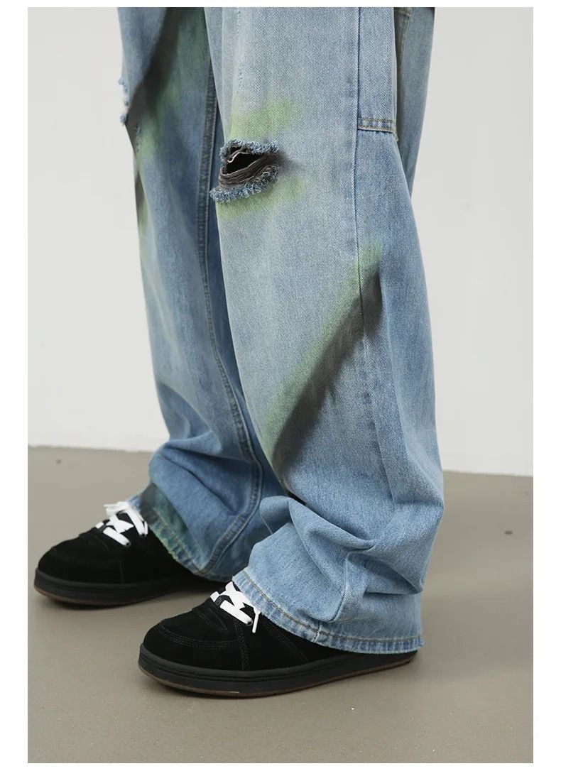 Jean × Vintage Streetwear Hand-Painted Contrast Wide-Leg Ripped Jeans Size US 32 / EU 48 - 2 Thumbnail