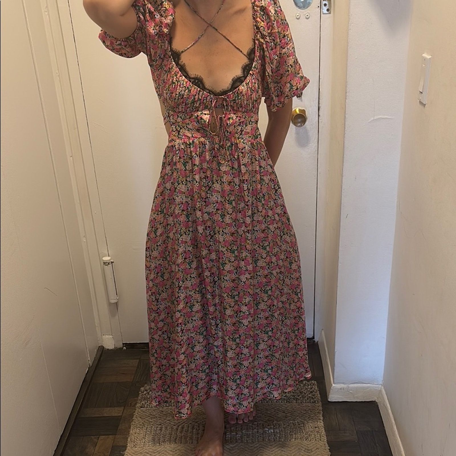 Other For Love And Lemons Pink Floral Midi Dress Size L Size L / US 10 / IT 46 - 1 Thumbnail
