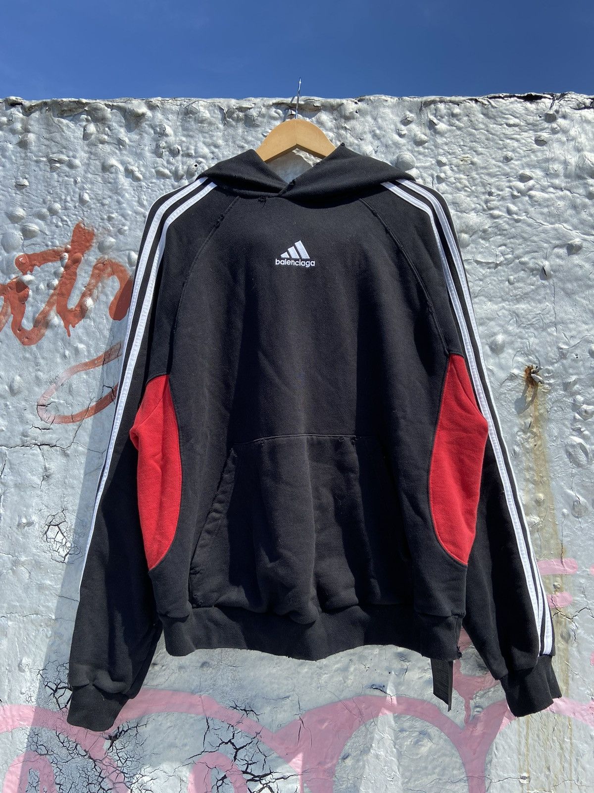 image of Adidas Striped Hoodie in Black/White/Red, Men's (Size Small)