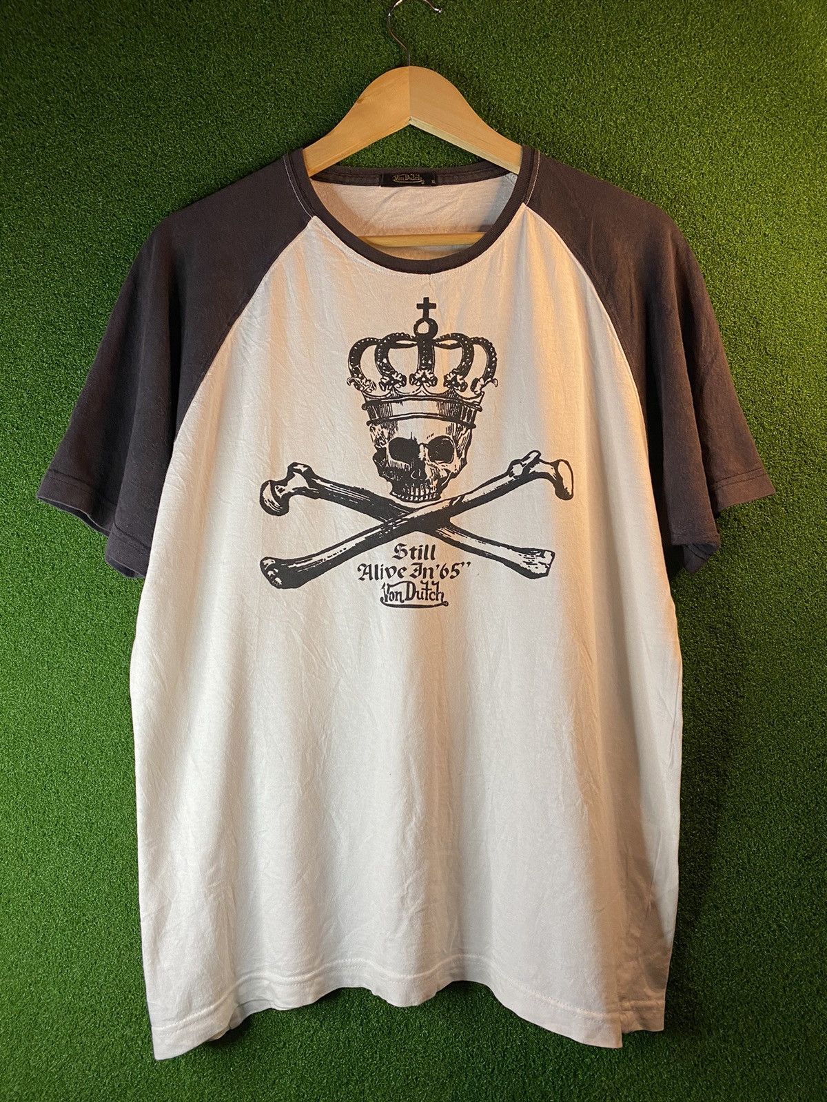 image of Vintage x Von Dutch Vondutch Y2K Skull Raglan Shirt in White, Men's (Size XL)