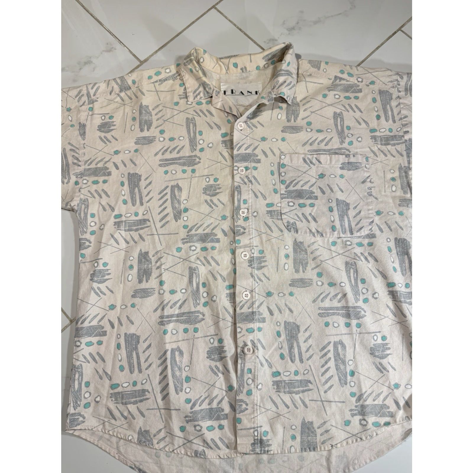 Vintage VINTAGE Geometric White Grey Teal Button-Up Shirt M Frank Regular Unisex Adults Short Sleeve White M 1980s Button-Up Shirt Size US M / EU 48-50 / 2 - 4 Thumbnail