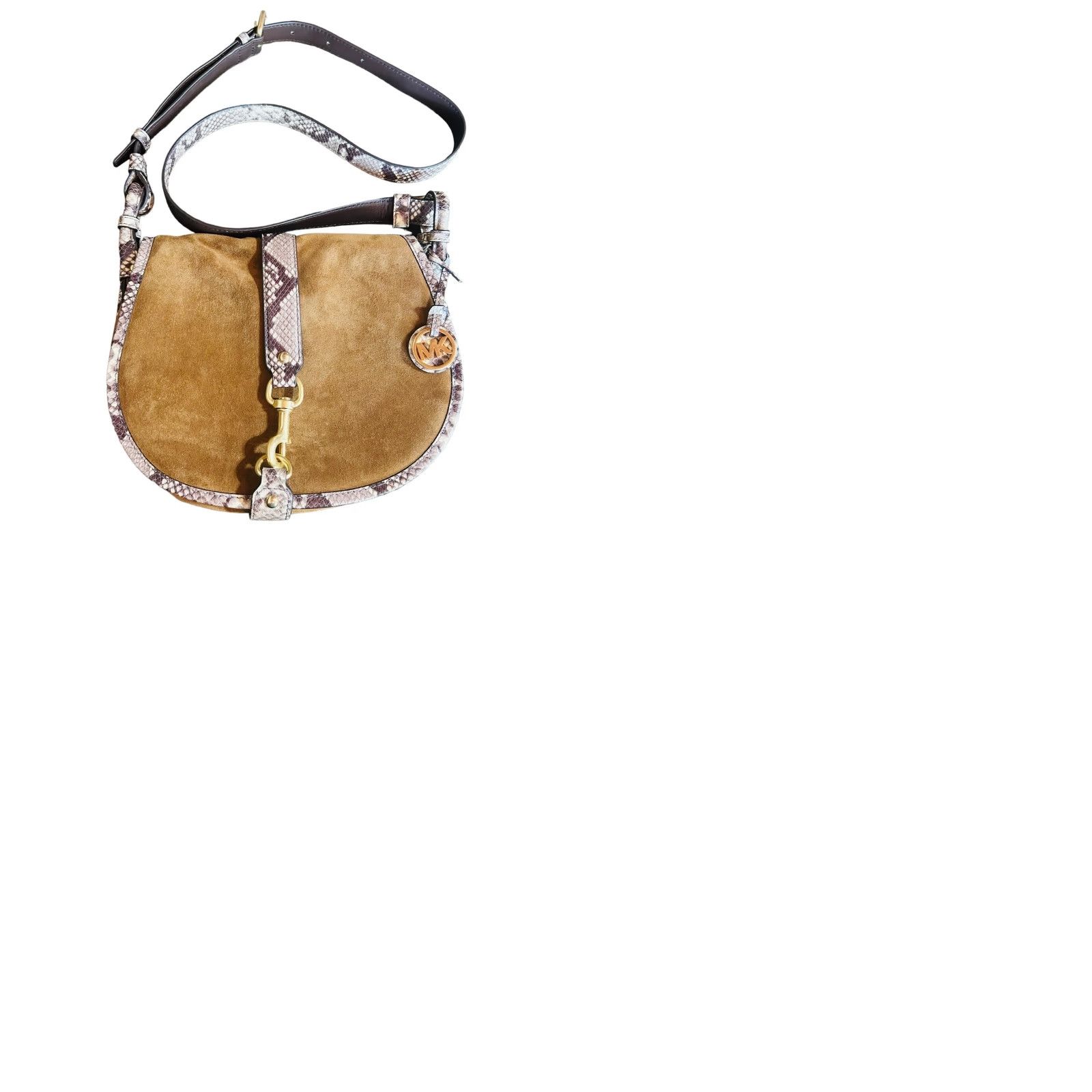 Vintage Michael Kors Jamie Saddle Bag Women's Crossbody Purse Brown Suede Snake Print Crossbody Bag, Large, Brown, Adult Women, 15in Strap, Gold hardware Size ONE SIZE - 12 Thumbnail