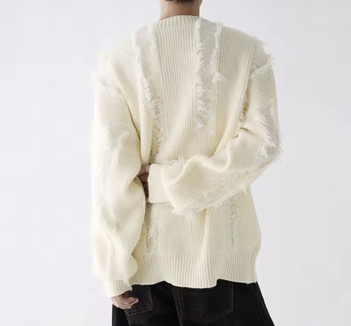 Japanese Brand Cream Ribbed Distressed Knit Sweater Fringed Grunge Jumper Size US XXL / EU 58 / 5 - 2 Thumbnail