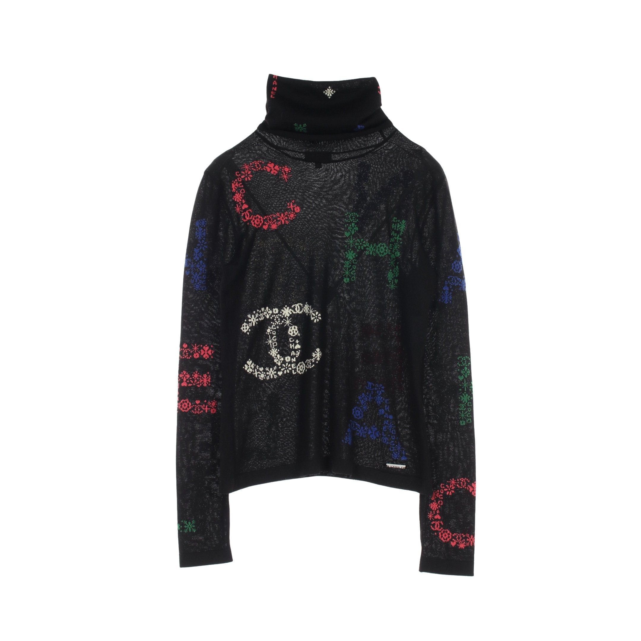 Chanel Coco Mark Icon Knit Turtleneck Logo Embroidery Cashmere Silk Black Multicolor 21N